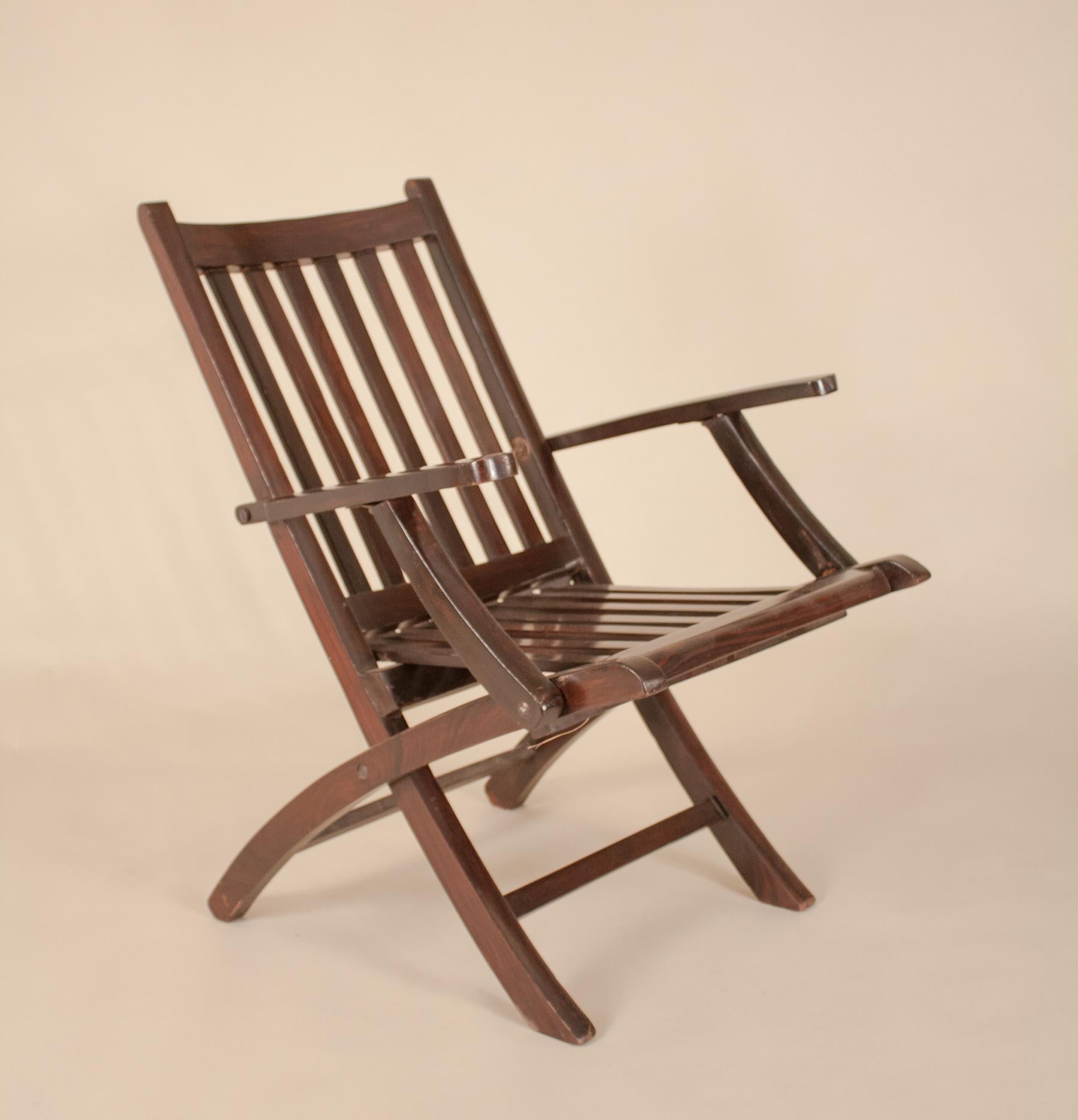 British Colonial Pair of Folding Rosewood Steamer Deck Chairs