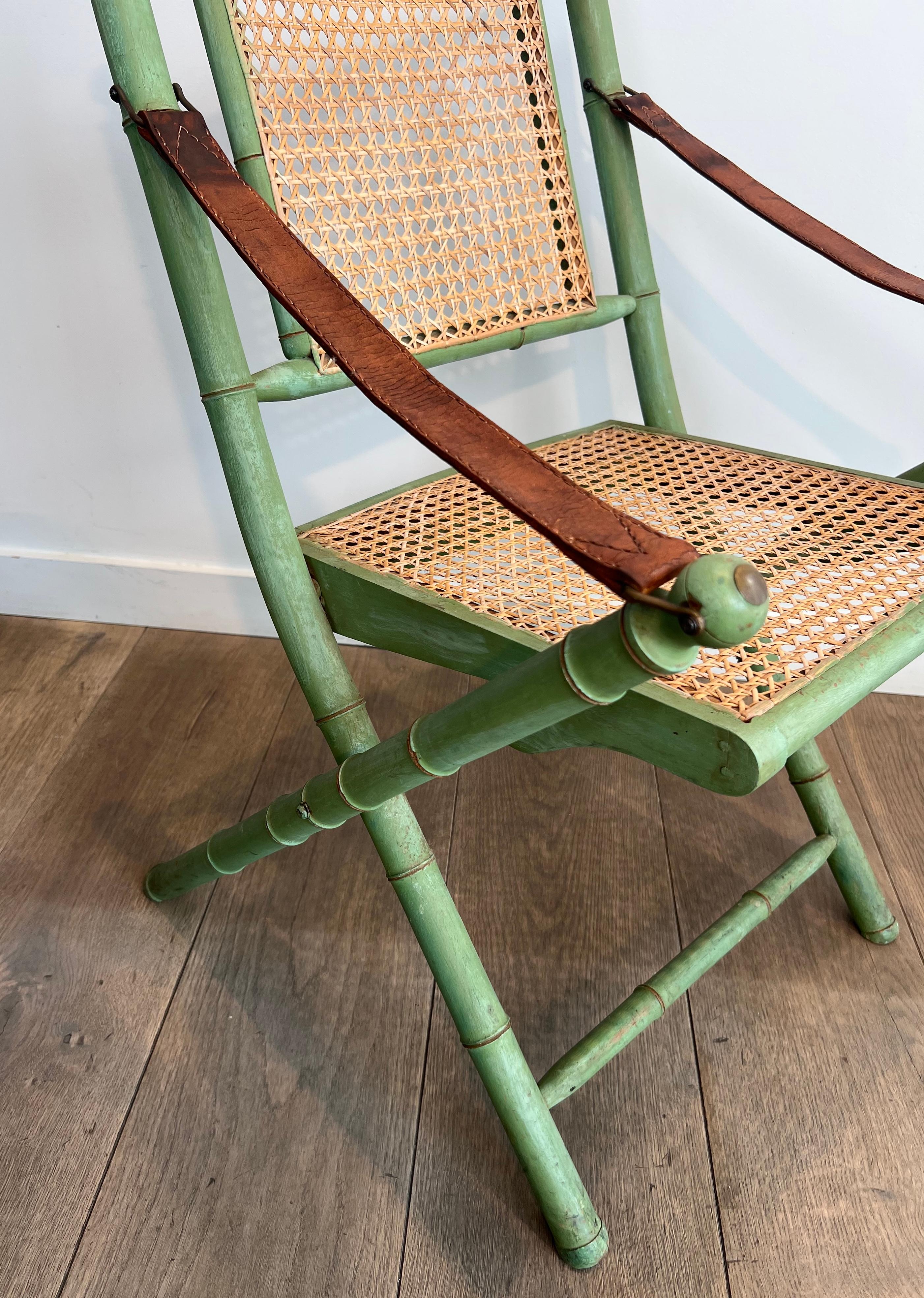 Pair of Folding Safari Chairs in Patinated Faux-Bamboo with Caned Backs and Seat For Sale 3