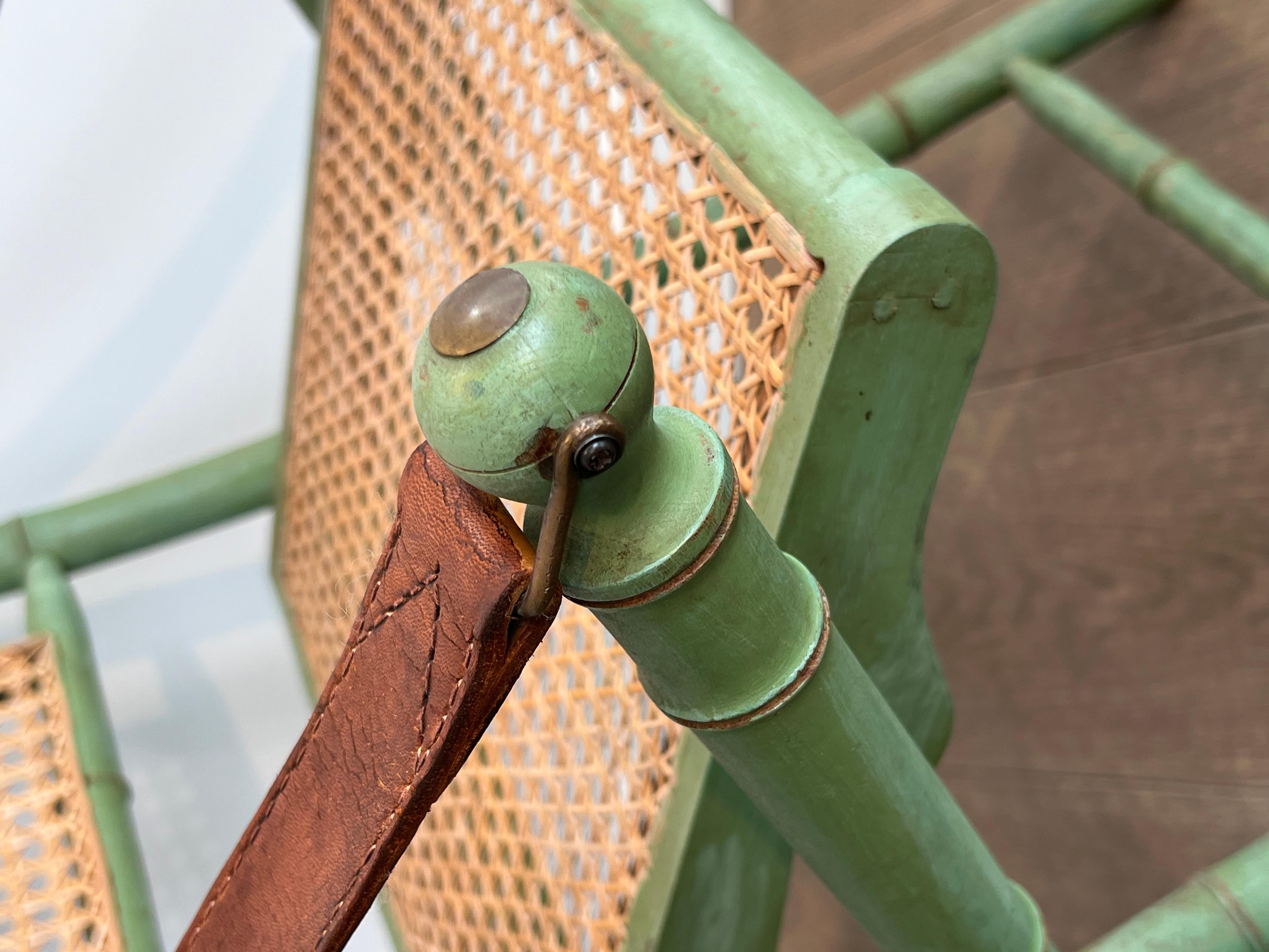 Pair of Folding Safari Chairs in Patinated Faux-Bamboo with Caned Backs and Seat For Sale 4