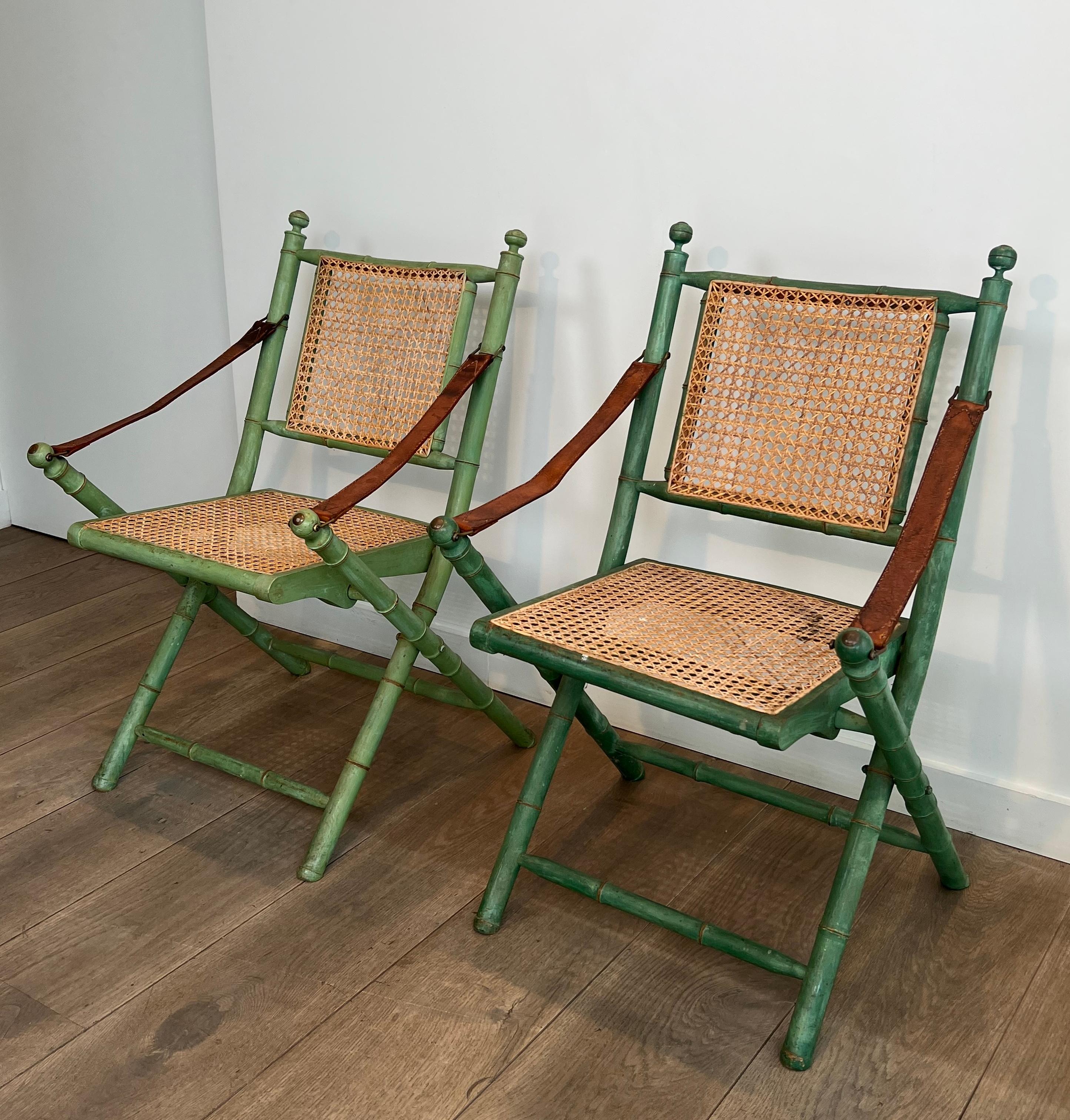 Pair of Folding Safari Chairs in Patinated Faux-Bamboo with Caned Backs and Seat For Sale 5
