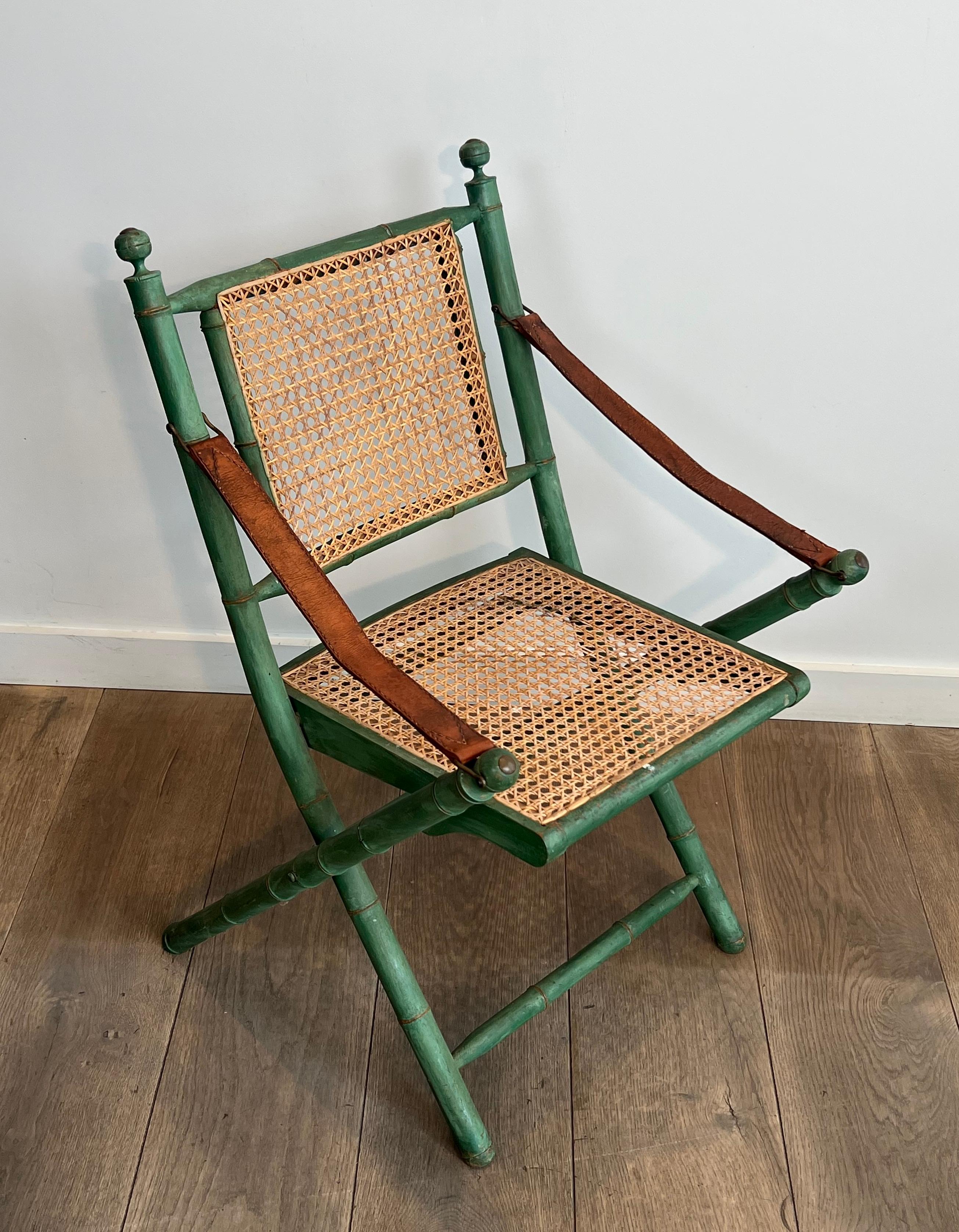Pair of Folding Safari Chairs in Patinated Faux-Bamboo with Caned Backs and Seat For Sale 6