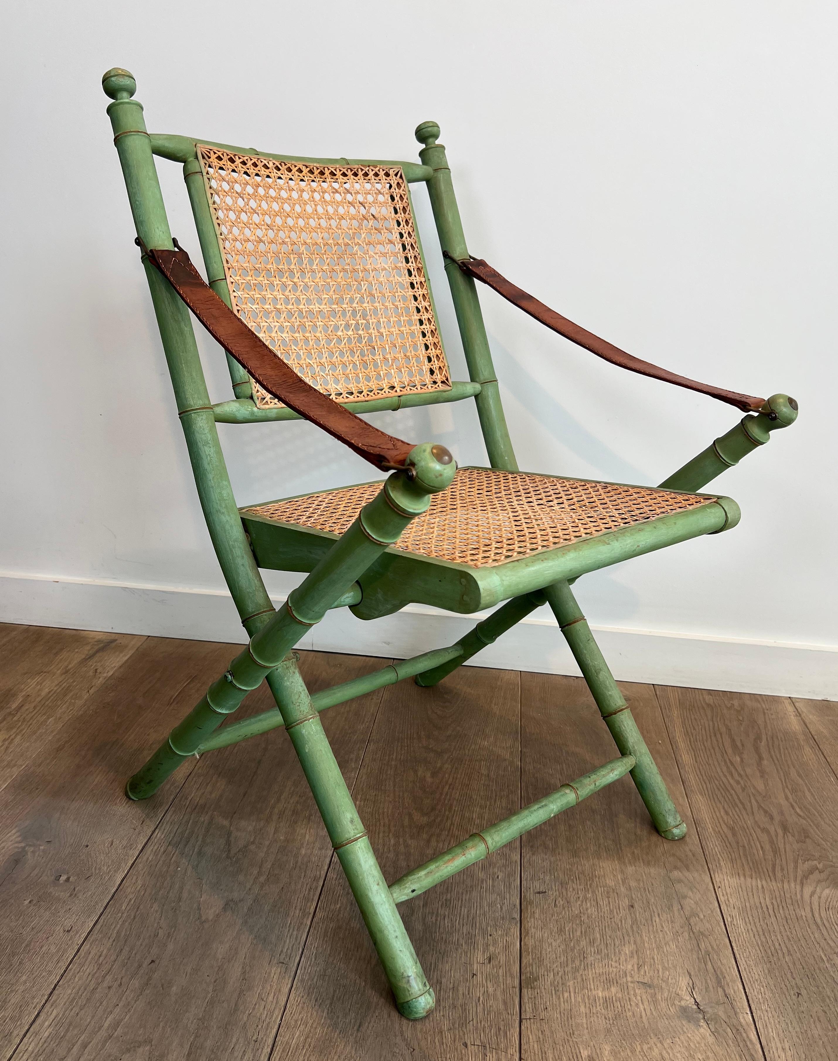 Pair of Folding Safari Chairs in Patinated Faux-Bamboo with Caned Backs and Seat For Sale 7