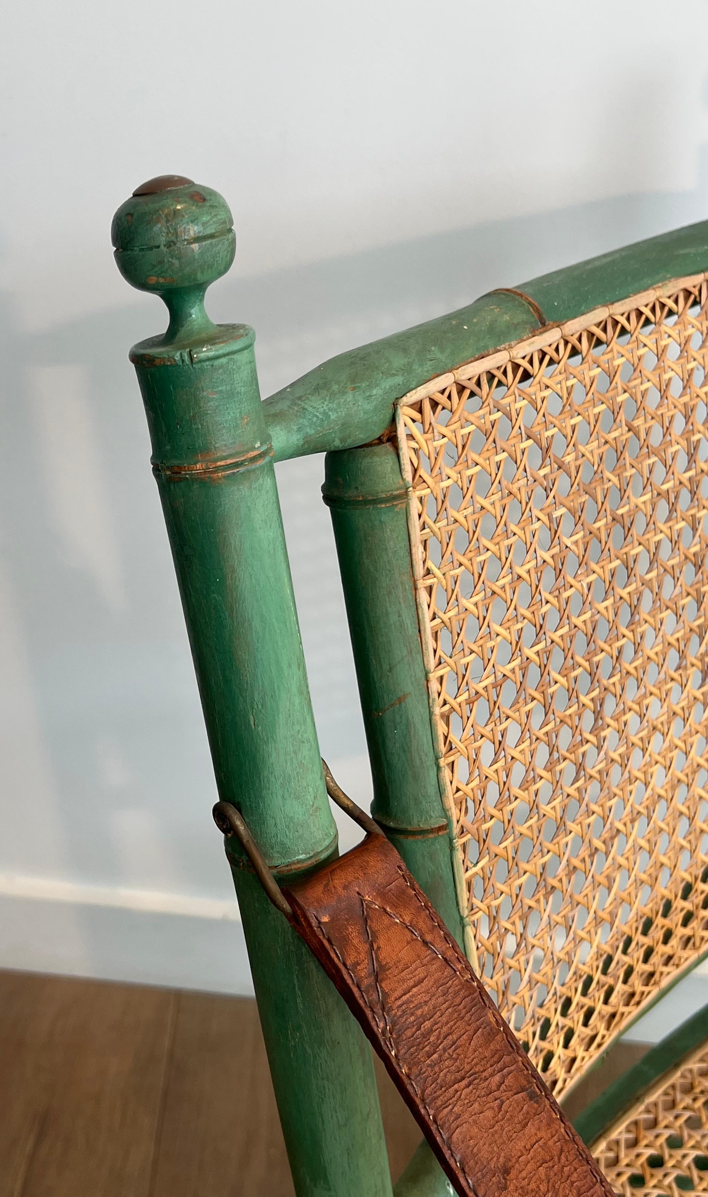 Pair of Folding Safari Chairs in Patinated Faux-Bamboo with Caned Backs and Seat For Sale 8