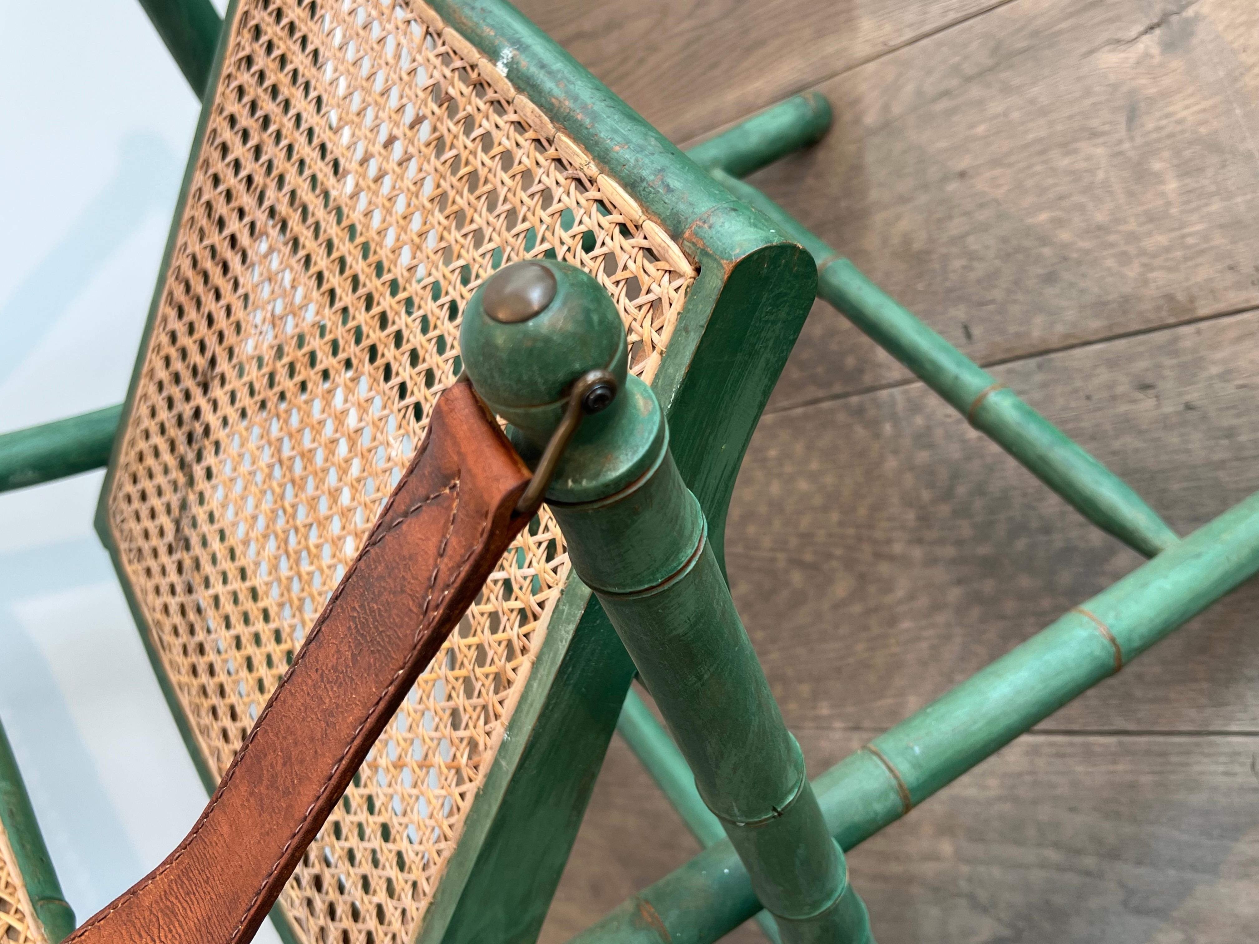 Pair of Folding Safari Chairs in Patinated Faux-Bamboo with Caned Backs and Seat For Sale 9