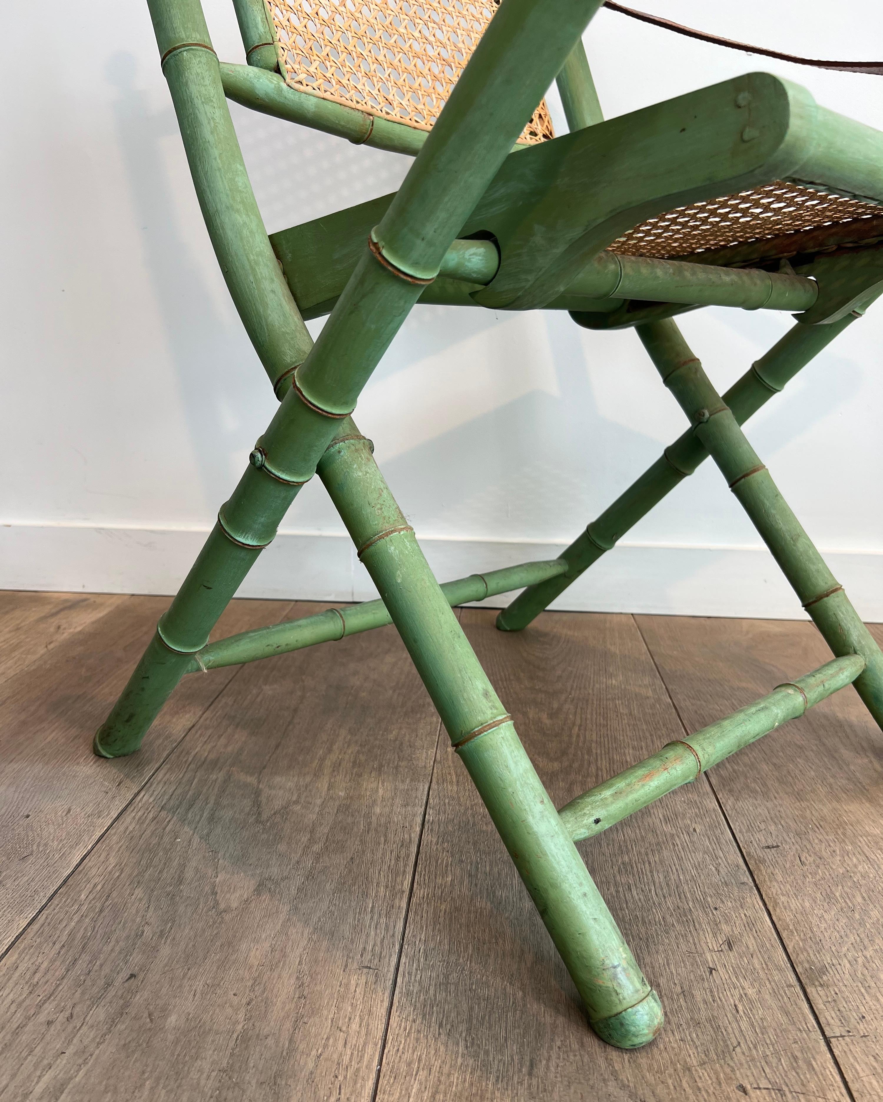 Pair of Folding Safari Chairs in Patinated Faux-Bamboo with Caned Backs and Seat For Sale 10