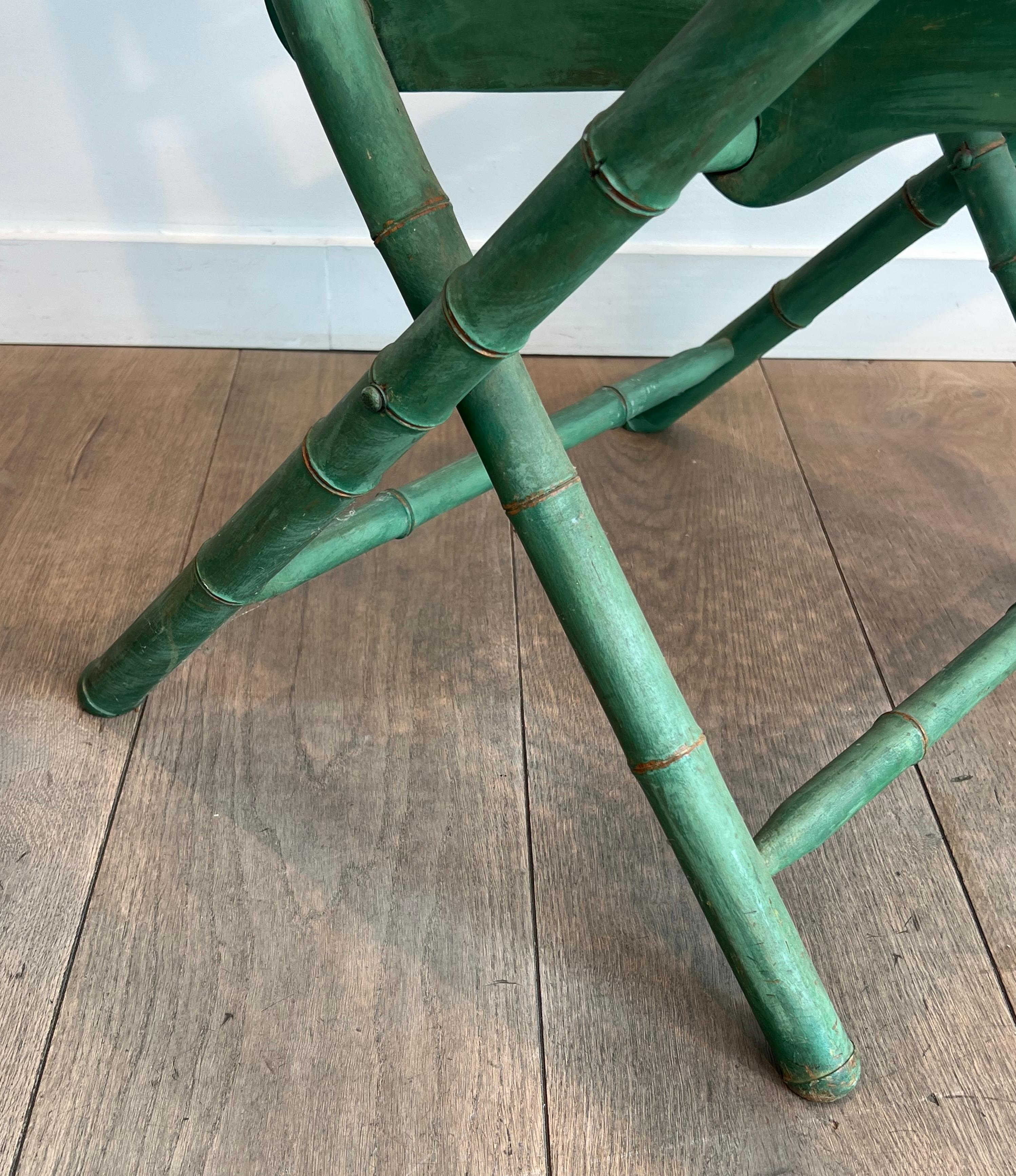 Pair of Folding Safari Chairs in Patinated Faux-Bamboo with Caned Backs and Seat For Sale 11