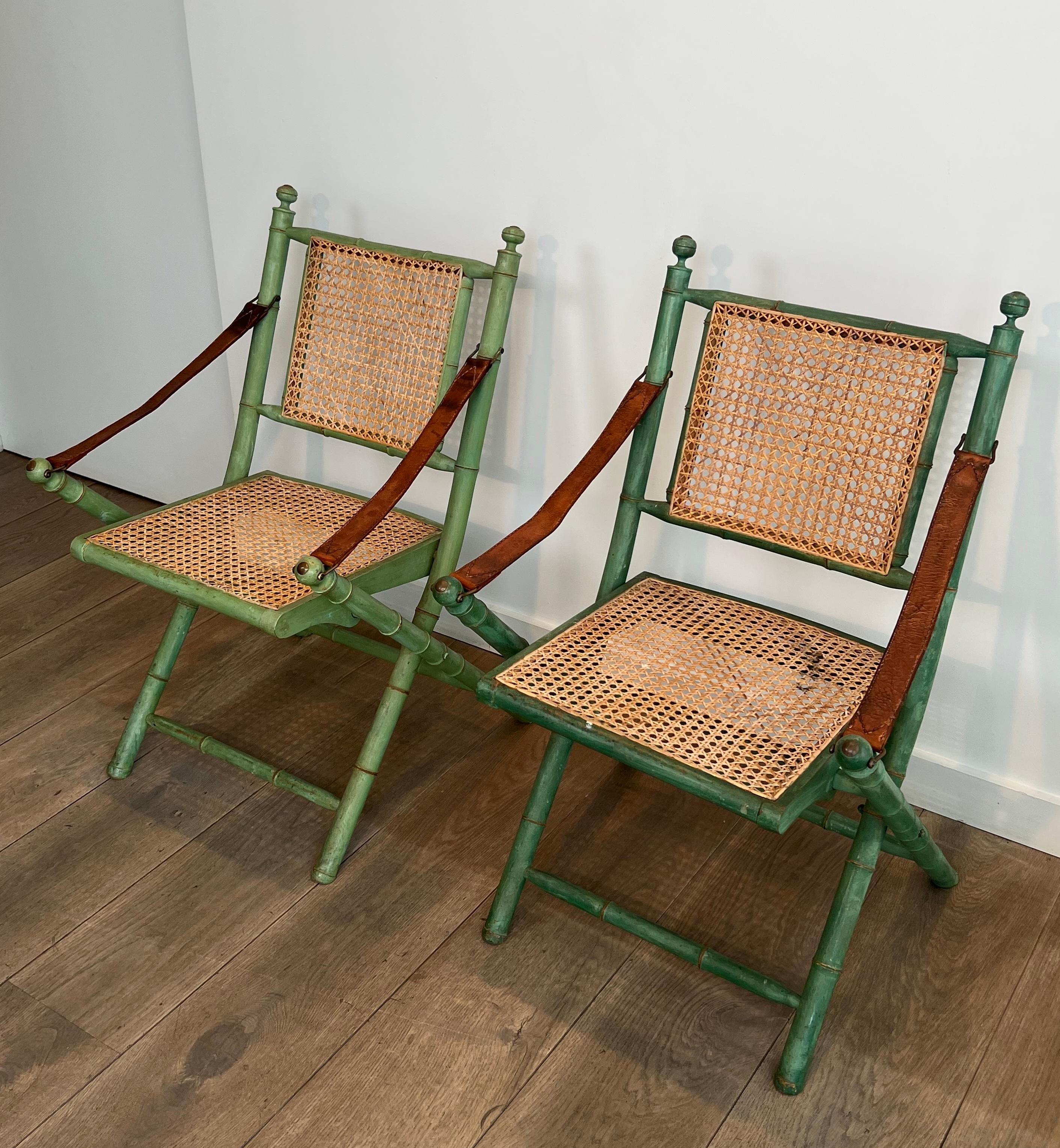 Pair of Folding Safari Chairs in Patinated Faux-Bamboo with Caned Backs and Seat For Sale 12