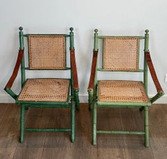 Pair of Folding Safari Chairs in Patinated Faux-Bamboo with Caned Backs and Seat