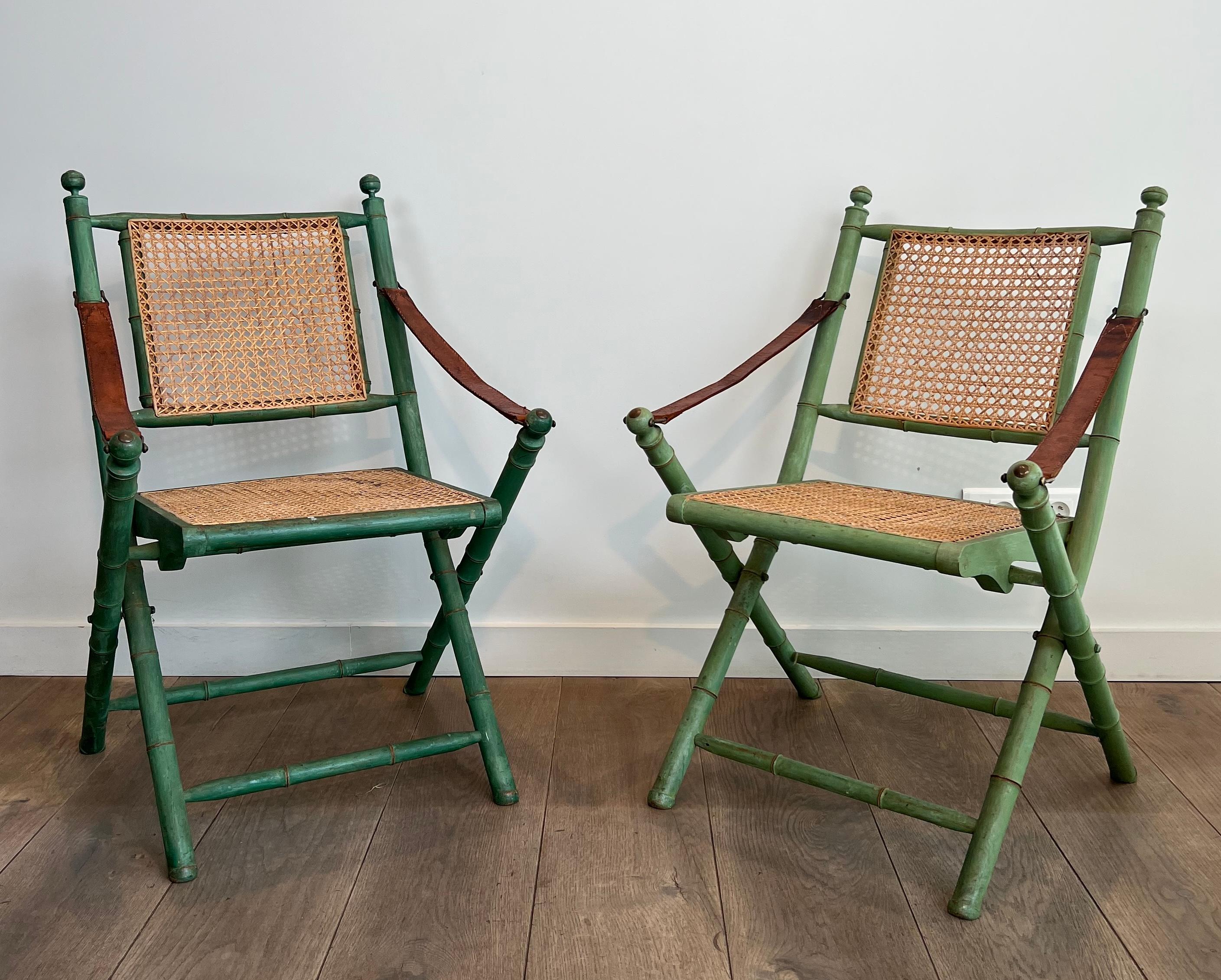 Pair of Folding Safari Chairs in Patinated Faux-Bamboo with Caned Backs and Seat For Sale 13