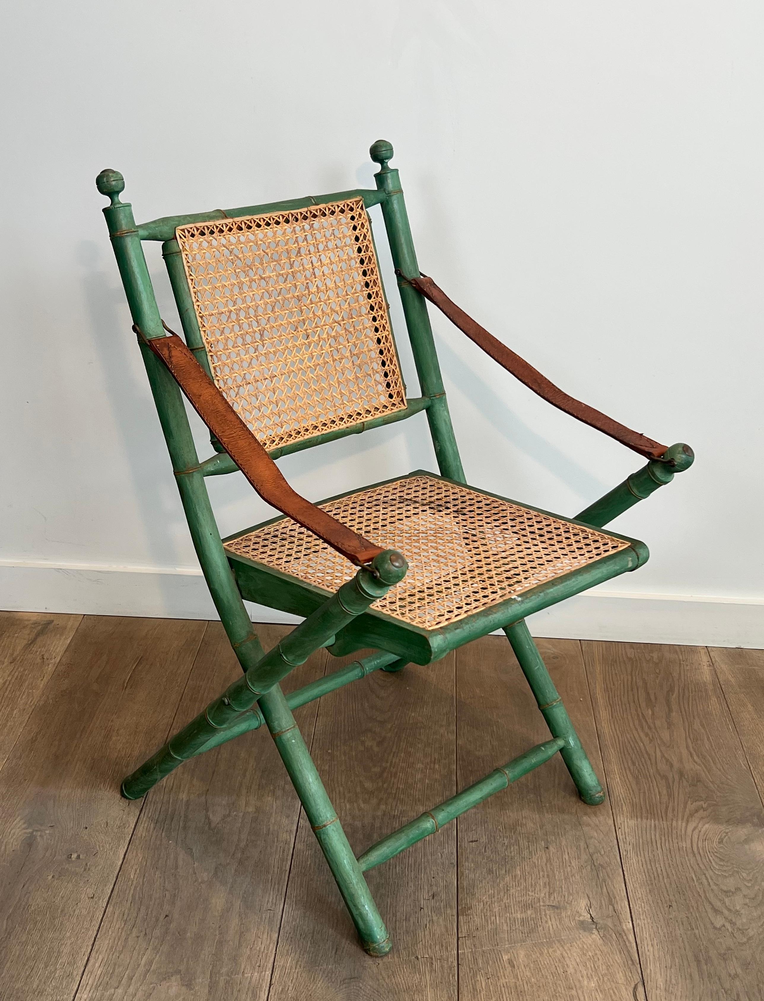 Late 20th Century Pair of Folding Safari Chairs in Patinated Faux-Bamboo with Caned Backs and Seat For Sale