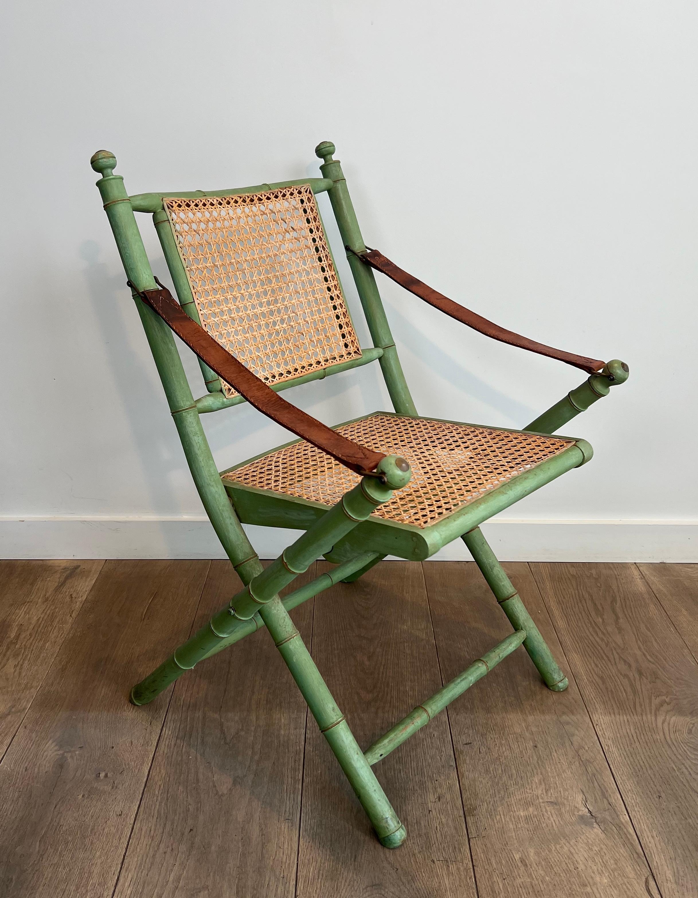 Brass Pair of Folding Safari Chairs in Patinated Faux-Bamboo with Caned Backs and Seat For Sale