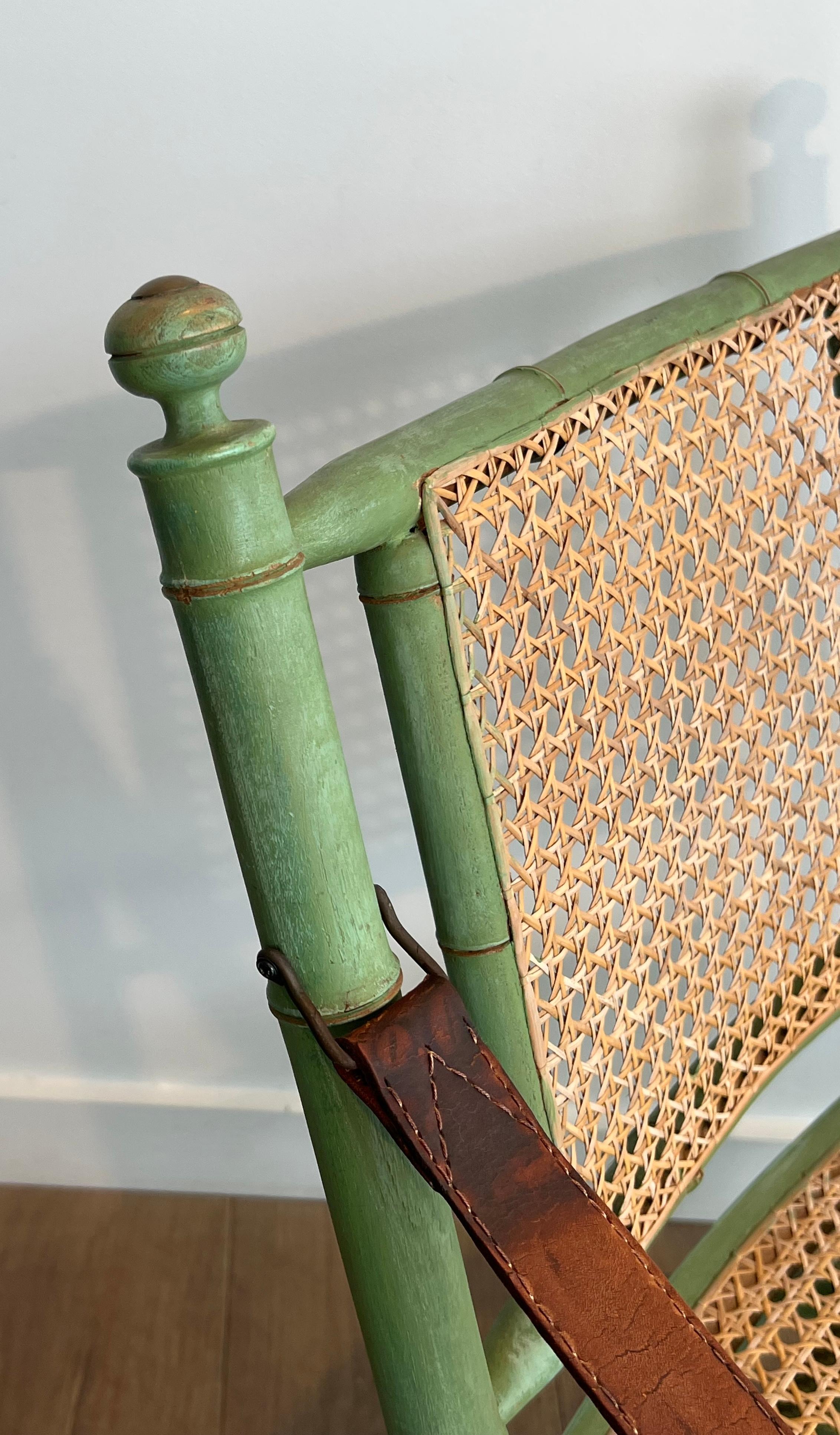 Pair of Folding Safari Chairs in Patinated Faux-Bamboo with Caned Backs and Seat For Sale 2