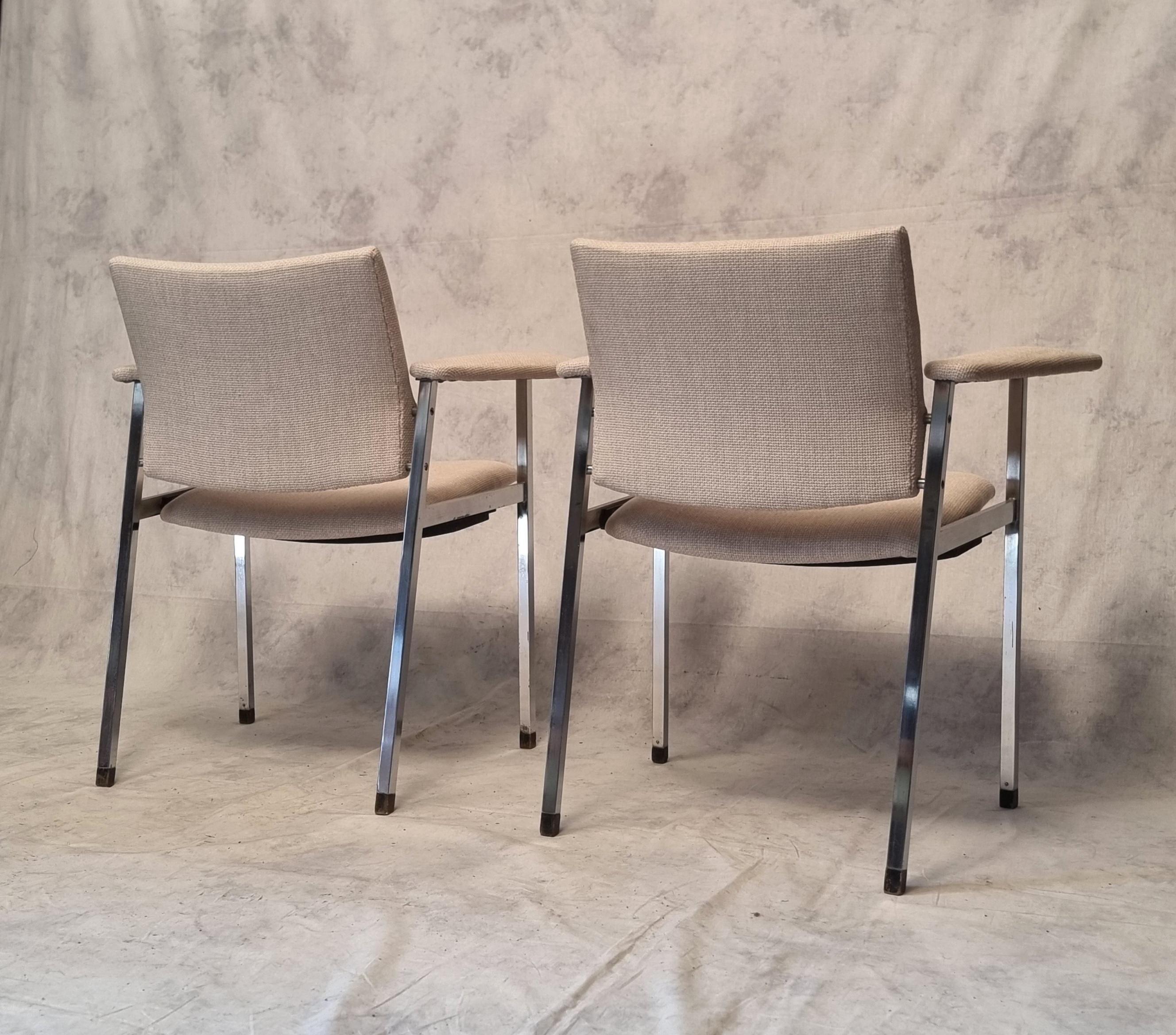 Danish Pair Of Folding Seat Armchairs, Fritz Hansen, Chromed Metal, circa 1970 For Sale