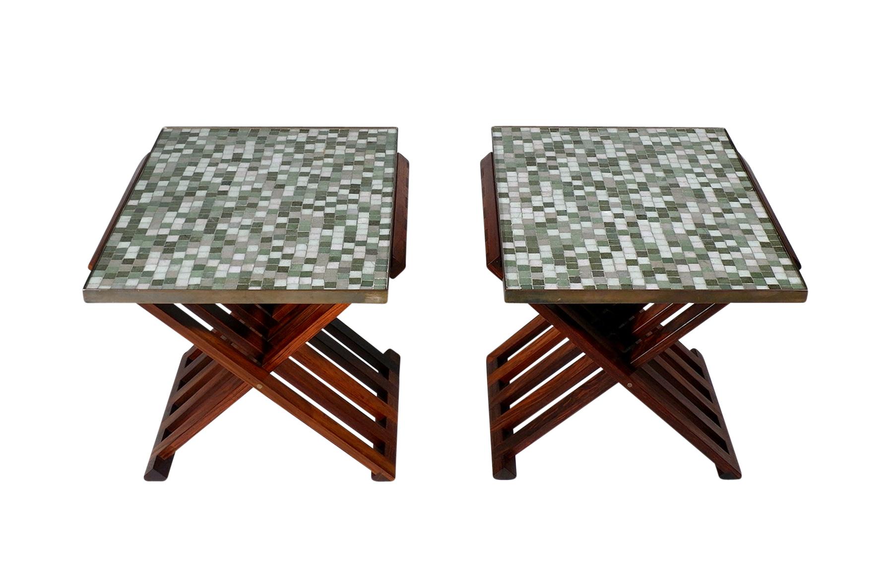 Rare matched pair of tables by Edward Wormley for Dunbar. Folding solid rosewood frames with inset Murano glass tile tops. Table model #5425.