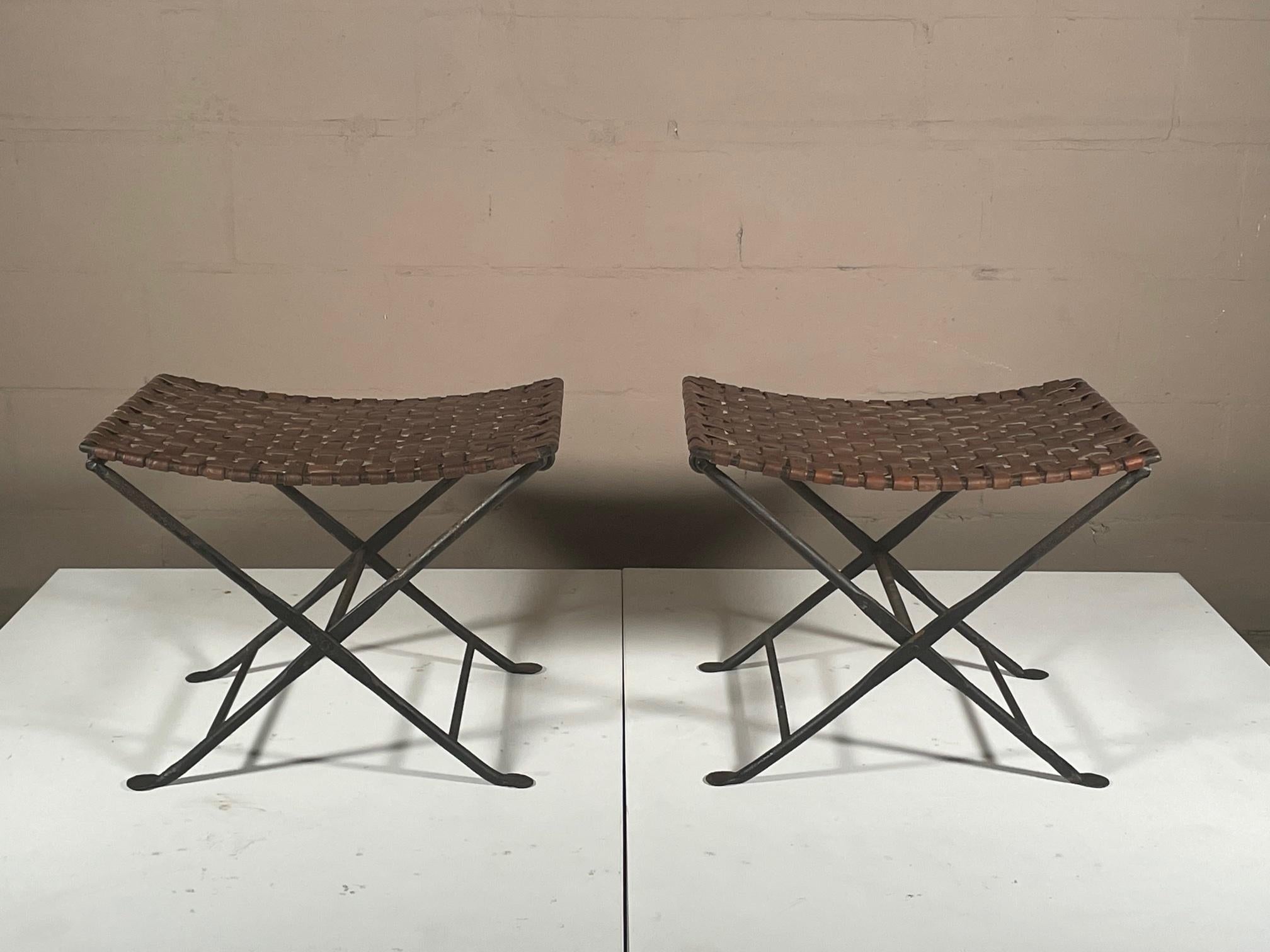 Pair of Folding Stools Leather and Wrought Iron 7
