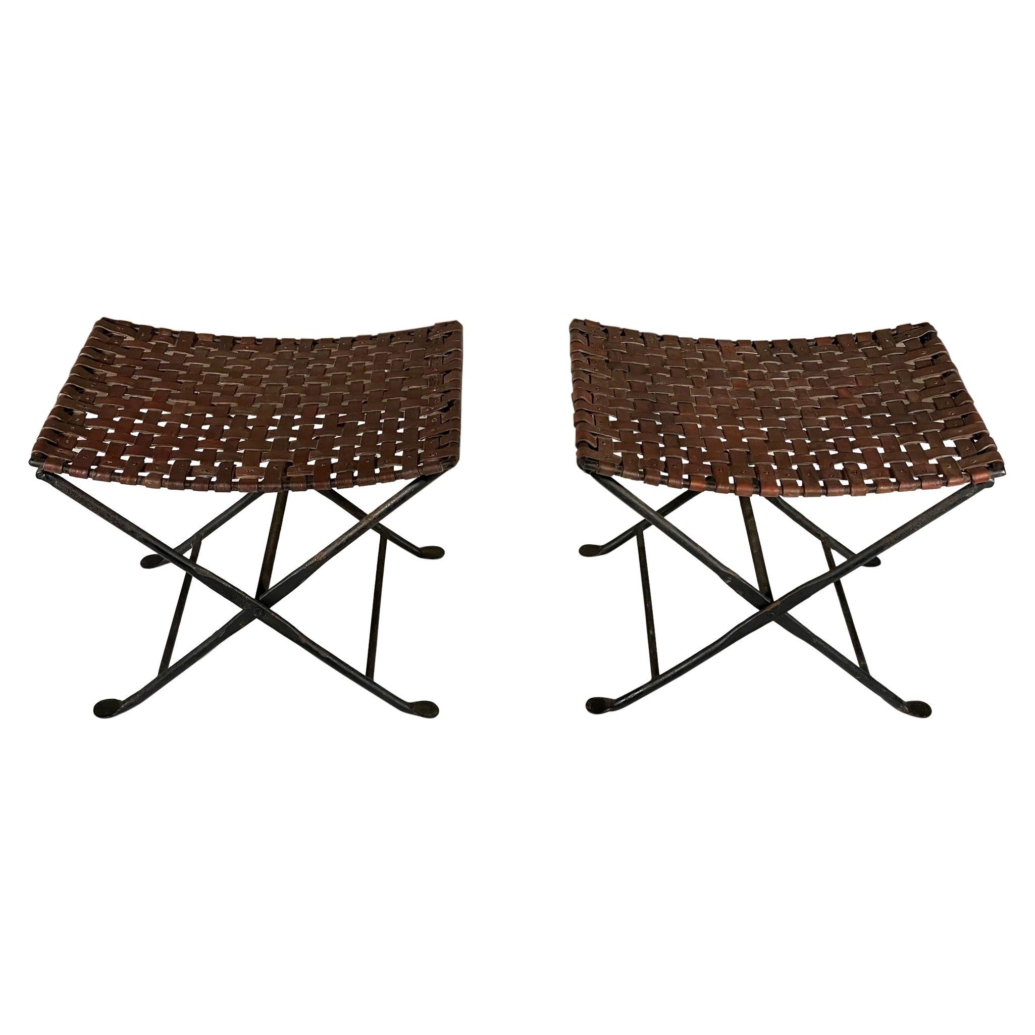 Pair of Folding Stools Leather and Wrought Iron
