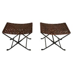 Pair of Folding Stools Leather and Wrought Iron