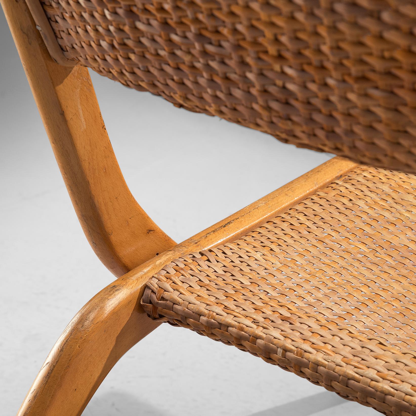 Pair of Folding Woven Slipper Chairs in Lacquered Wood and Cane  1