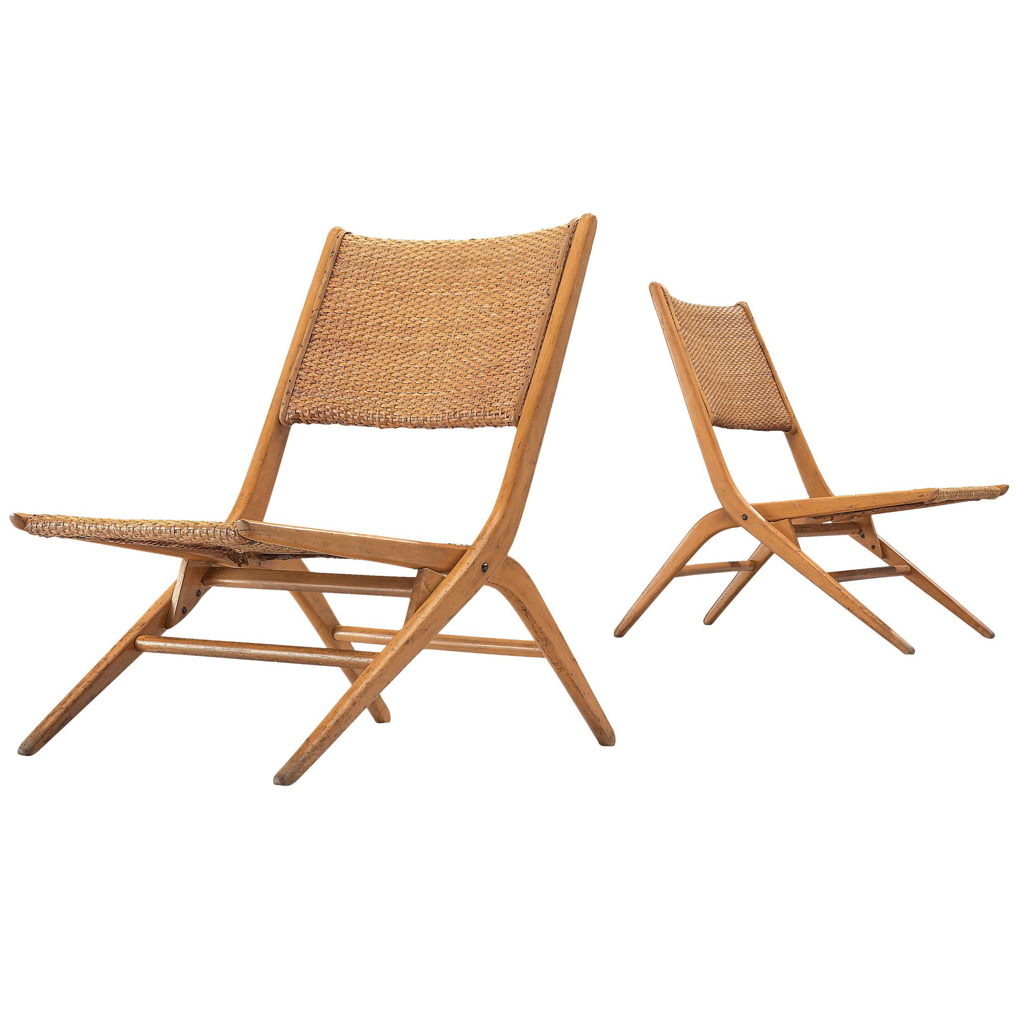 Pair of Folding Woven Slipper Chairs in Beech