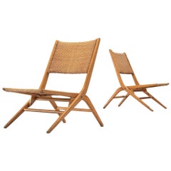 Pair of Folding Woven Slipper Chairs in Lacquered Wood and Cane 