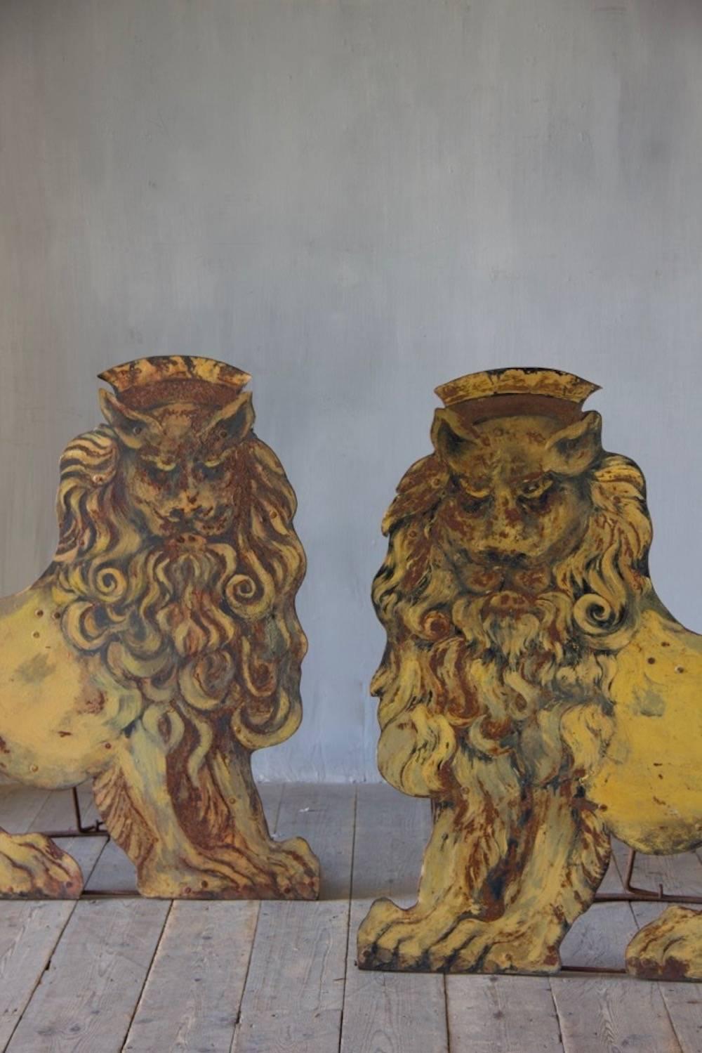 Metal Pair of Folding Wrought Iron and Tole Circus Lions For Sale