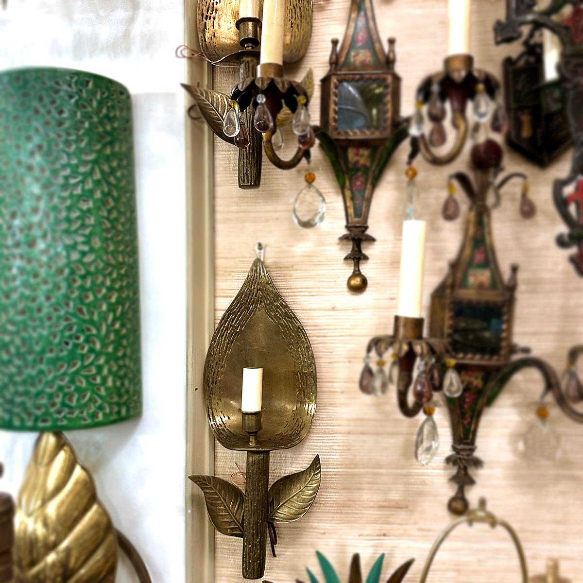 Mid-20th Century Pair of Foliage Bronze Sconces For Sale