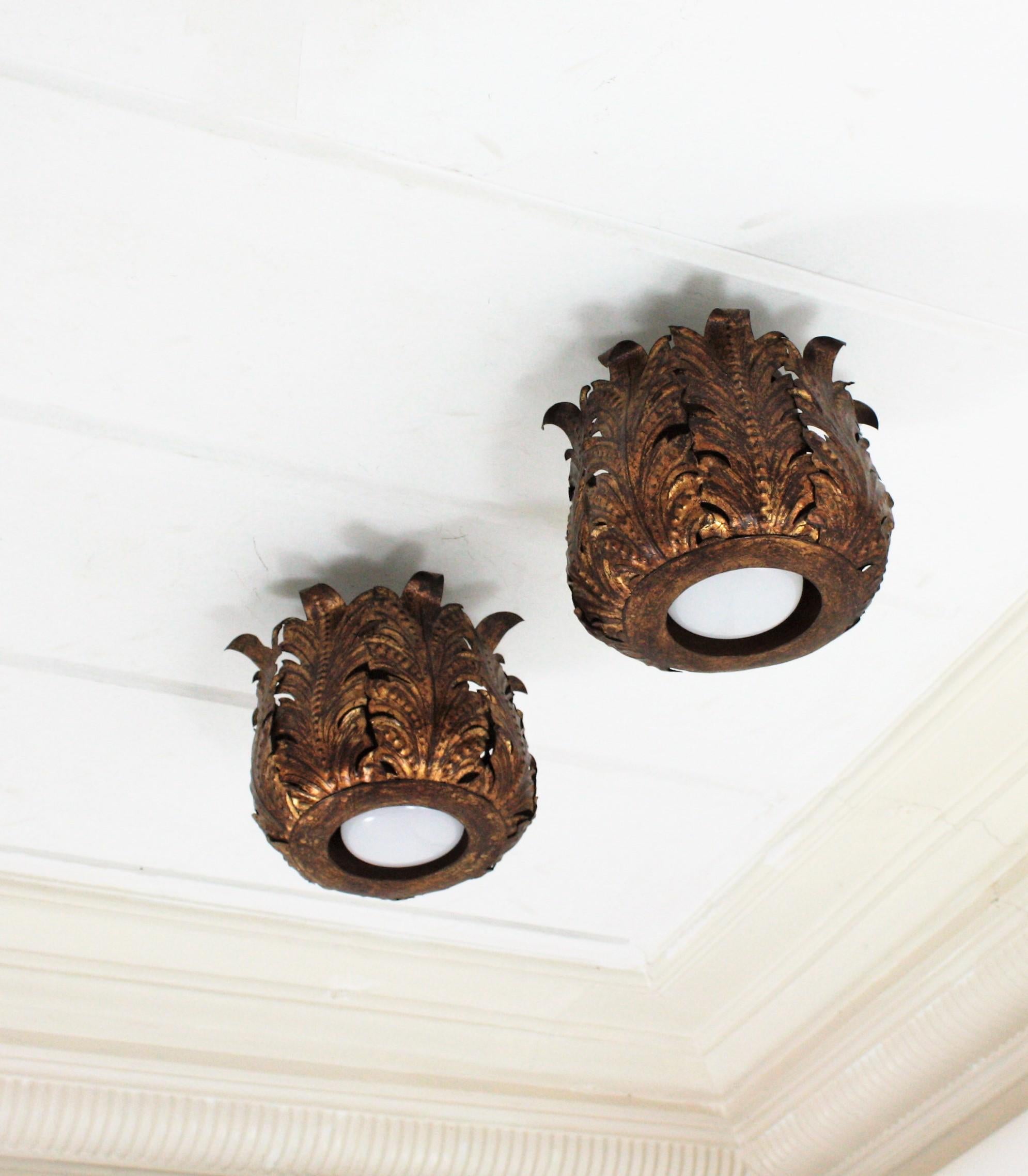 Foliage Crown Flush Mount Ceiling Light Fixtures, Pair For Sale 2