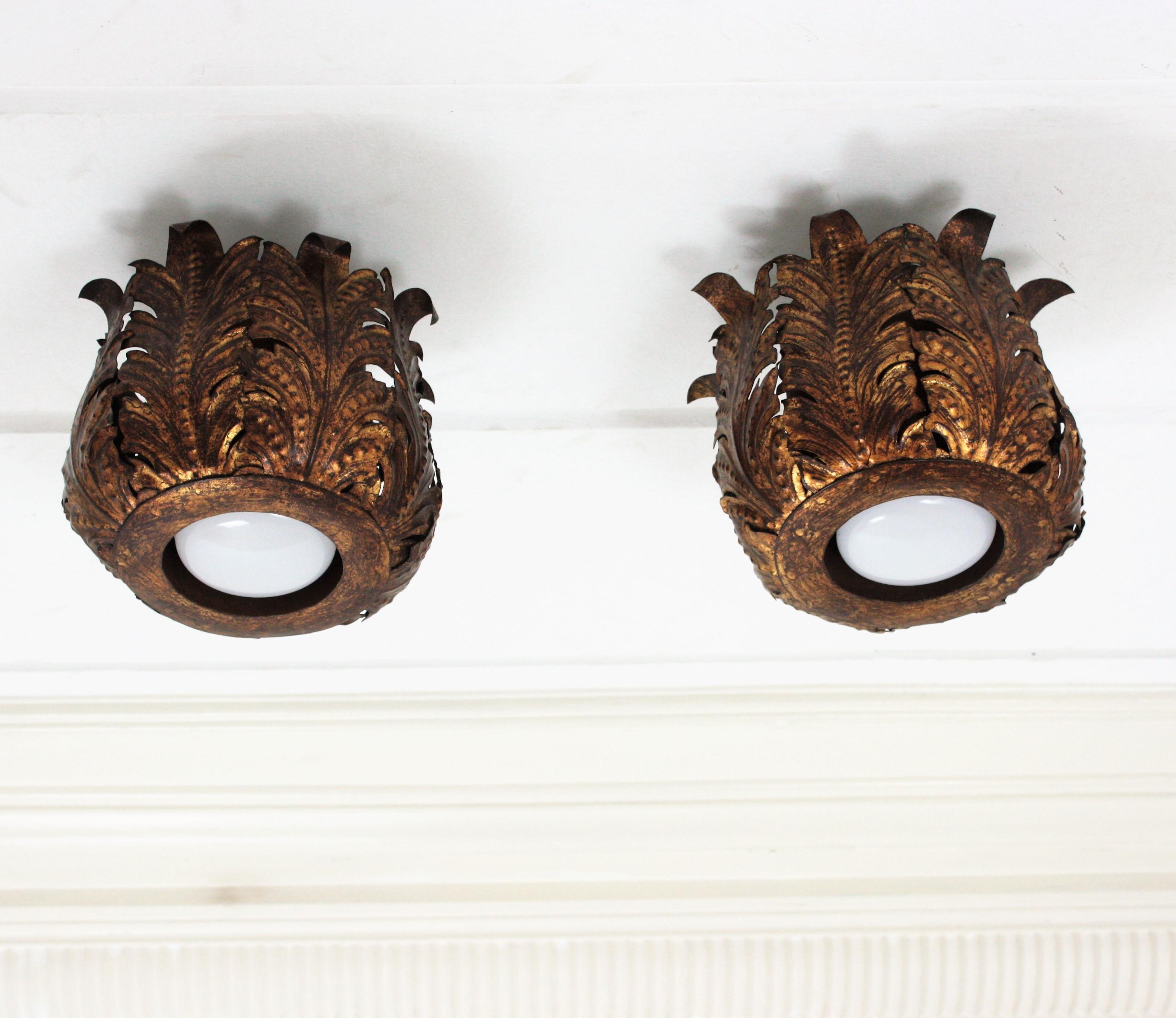 Pair of Foliage Crown Light Fixtures in Gilt Metal For Sale 4