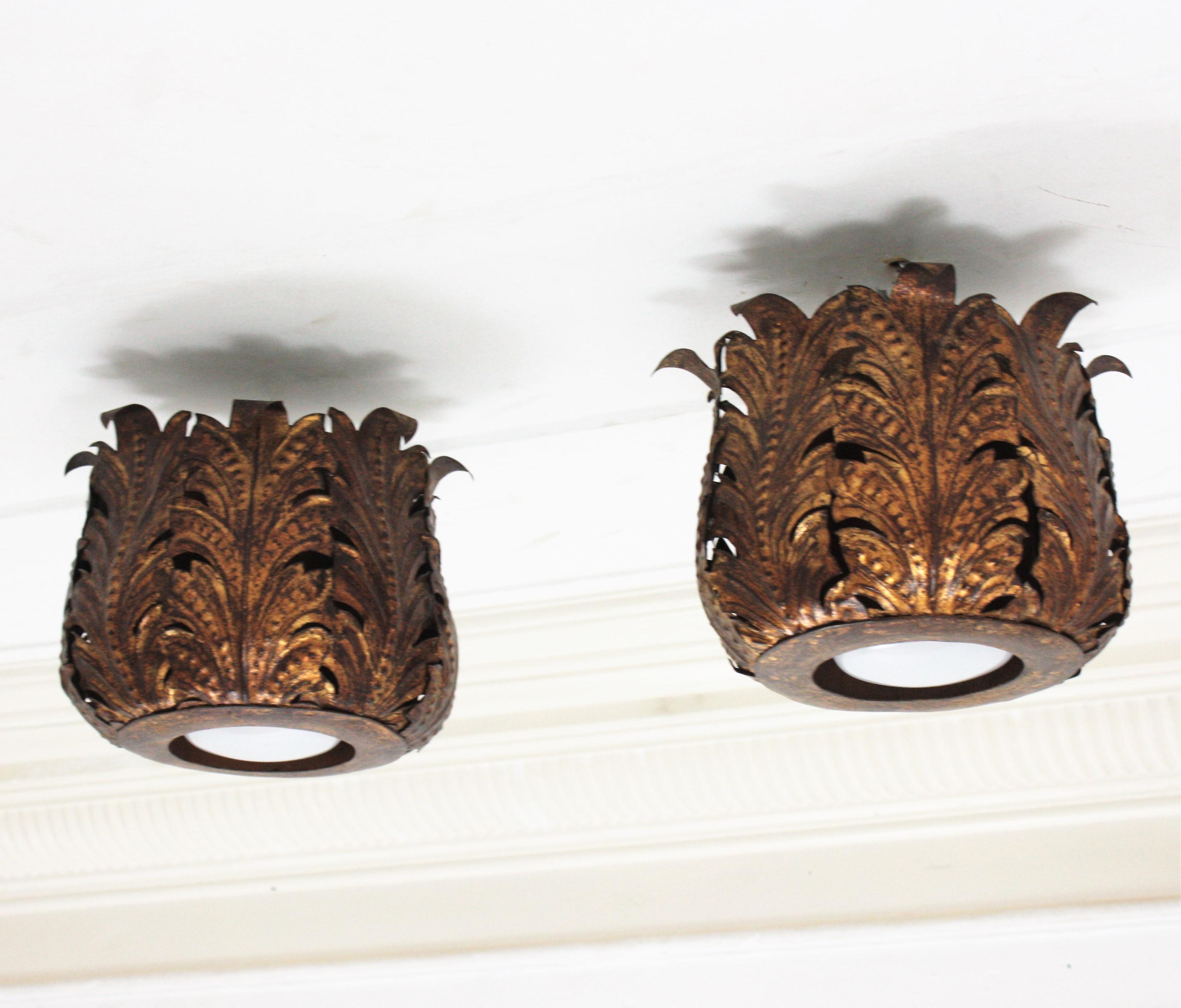 Pair of Foliage Crown Light Fixtures in Gilt Metal For Sale 5