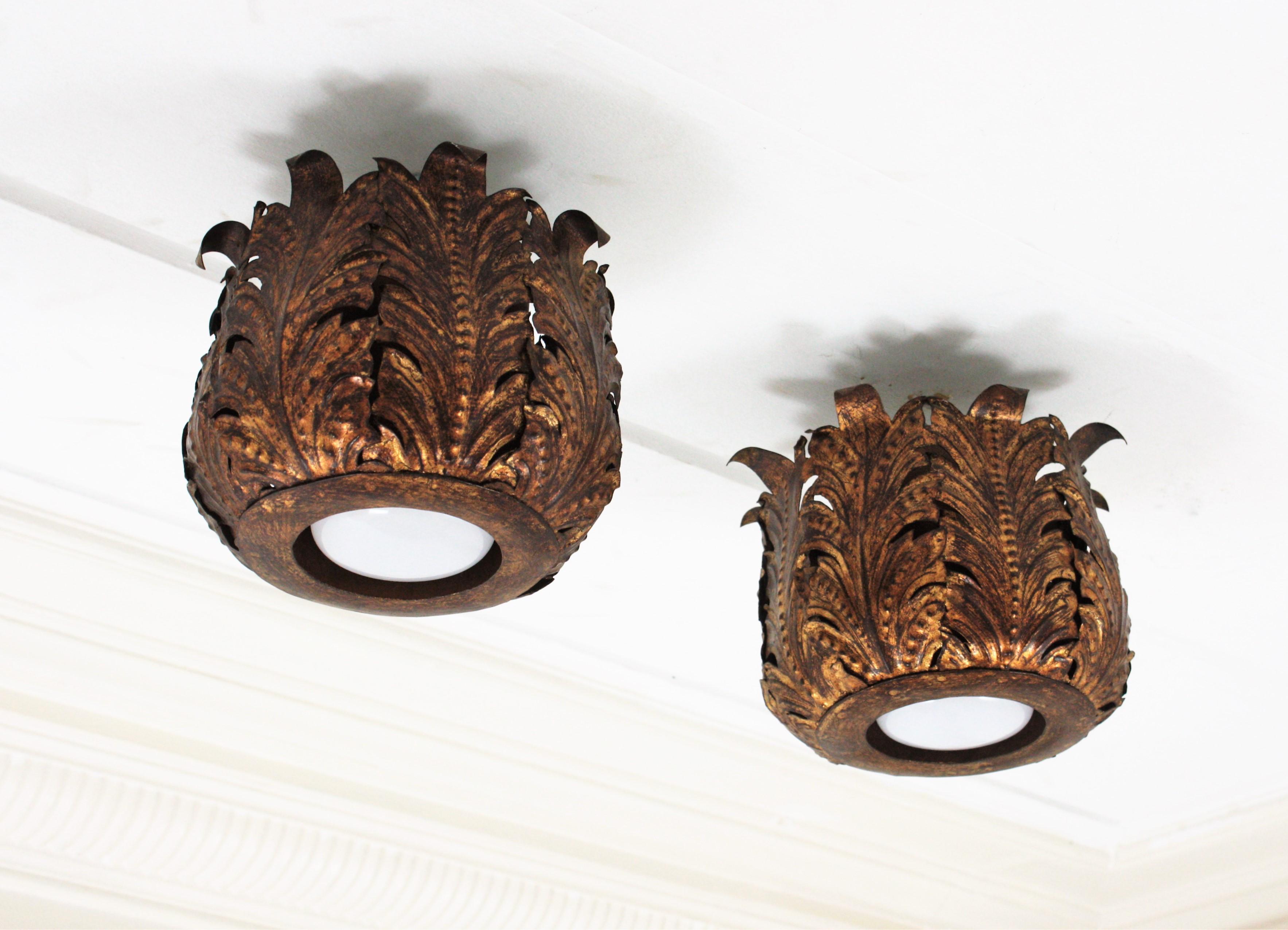 Pair of Foliage Crown Light Fixtures in Gilt Metal For Sale 8