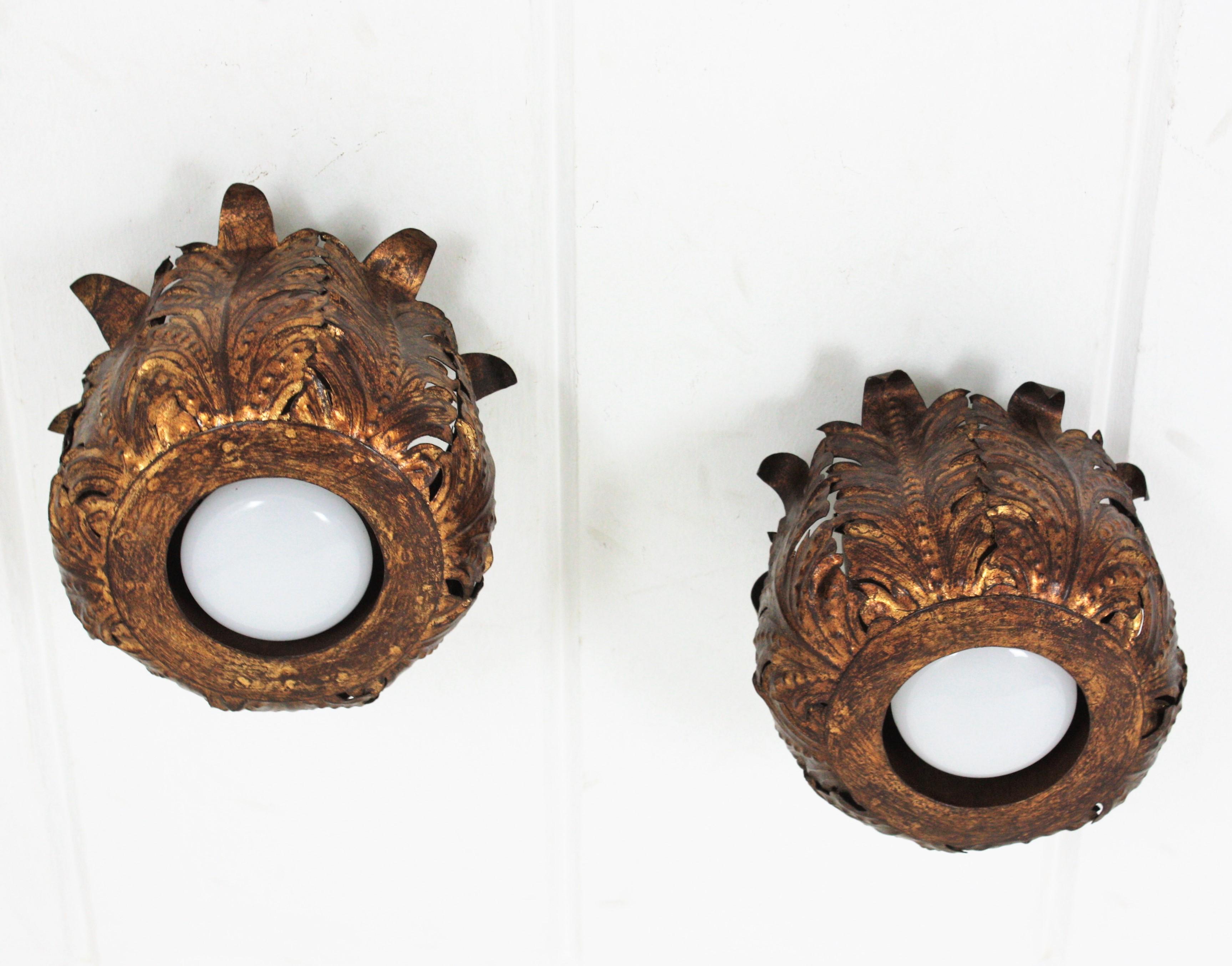 Iron Foliage Crown Flush Mount Ceiling Light Fixtures, Pair For Sale