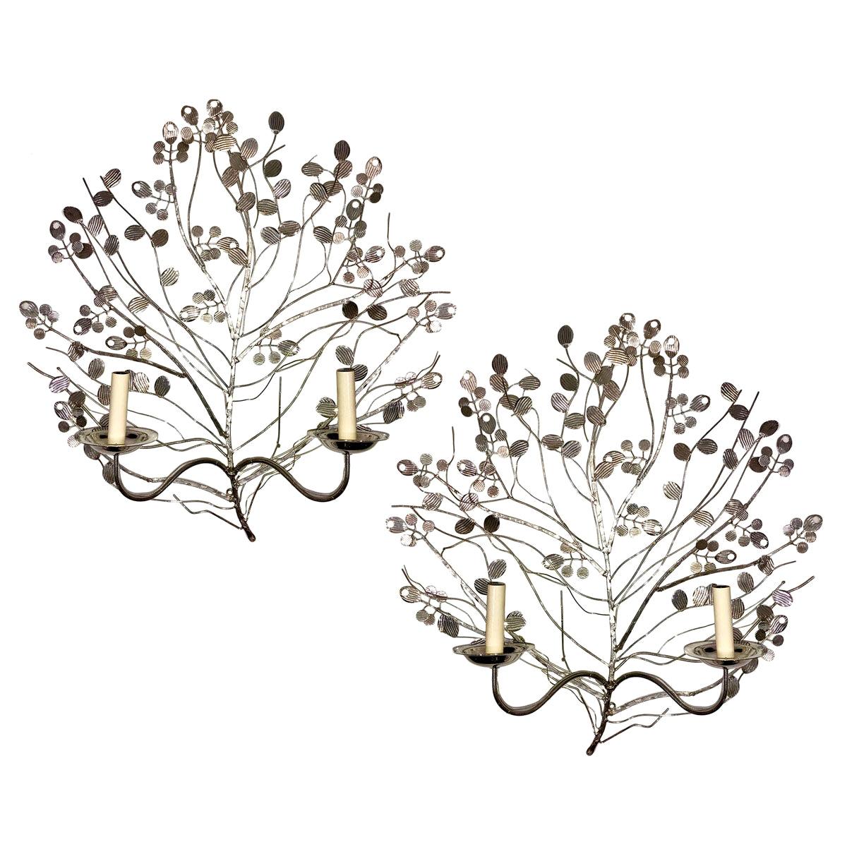 Pair of Foliage Nickel-Plated Sconces For Sale