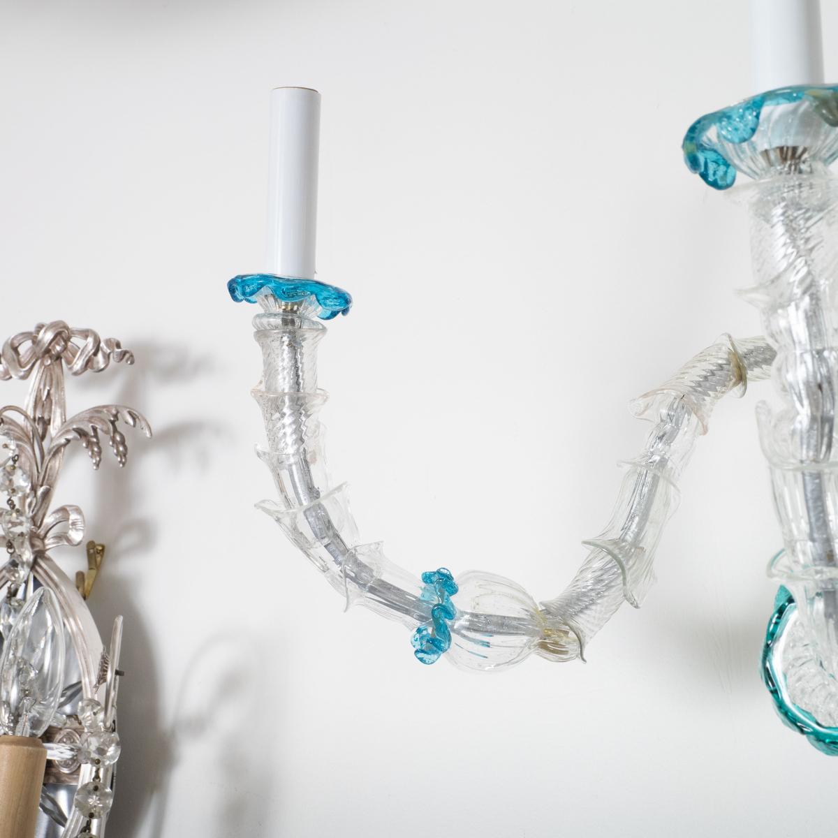 Late 20th Century Pair of foliate 3-arm glass tendril sconces For Sale