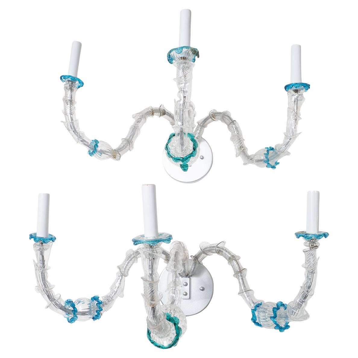 Pair of foliate 3-arm glass tendril sconces For Sale