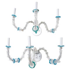 Pair of foliate 3-arm glass tendril sconces