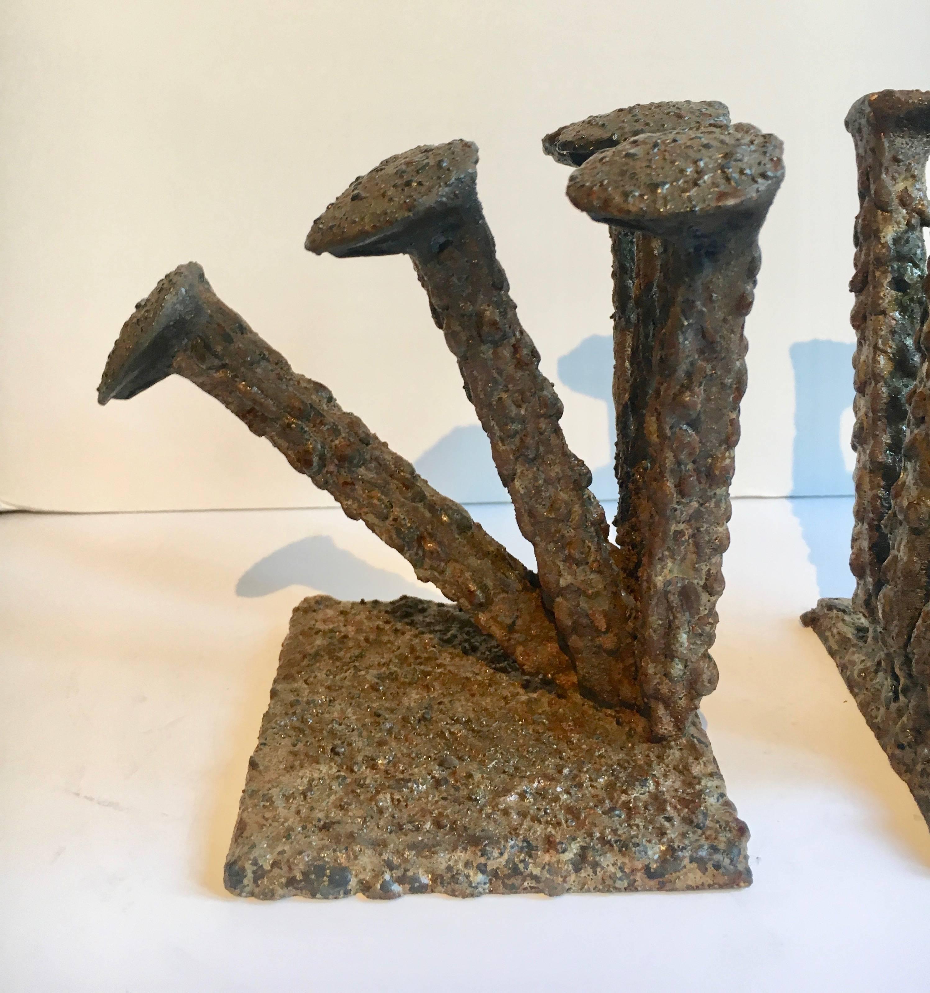Hand-Crafted Pair of Folk Art Brutalist Bookends in the Style of Curtis Jere