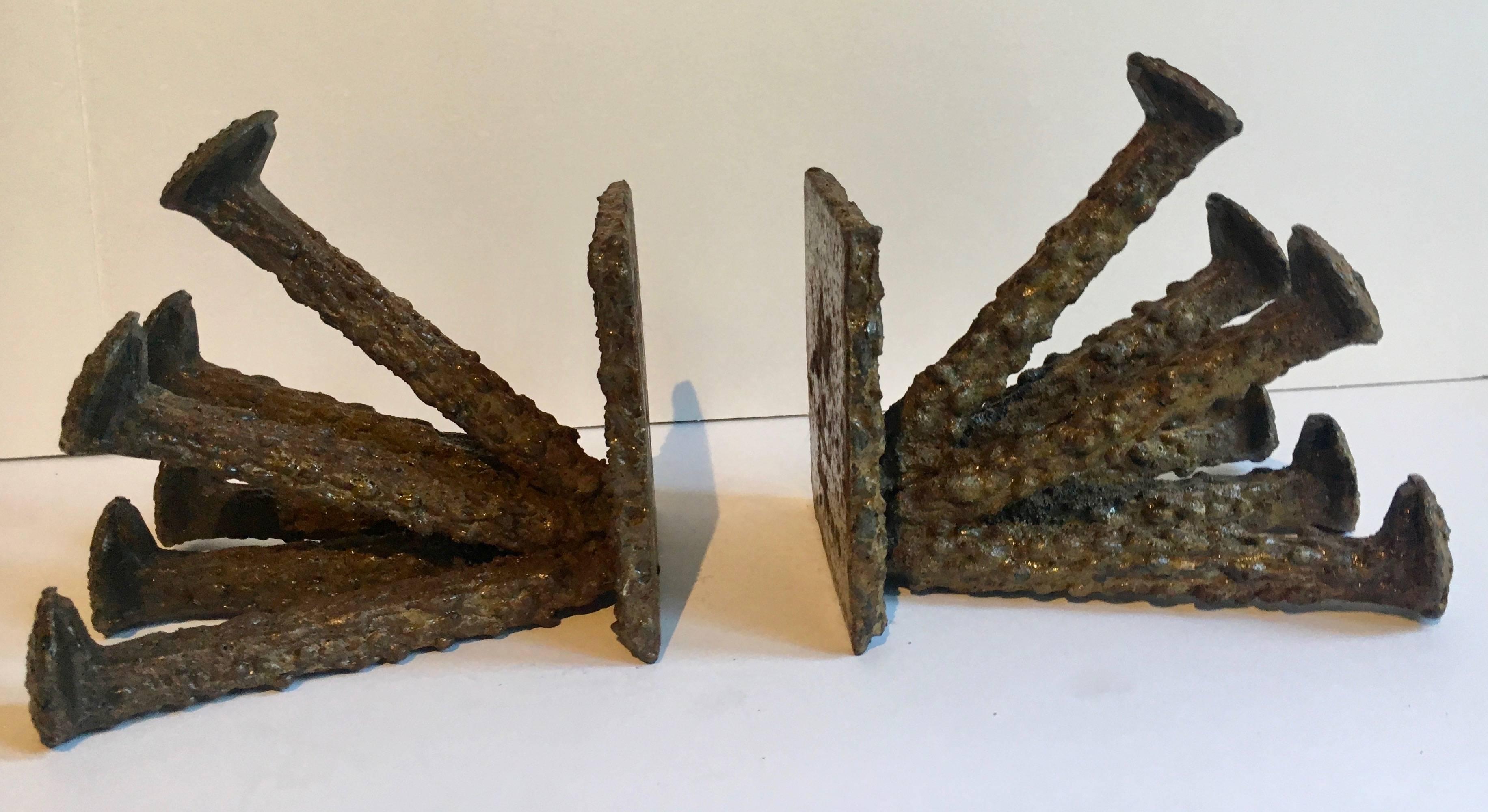 Metal Pair of Folk Art Brutalist Bookends in the Style of Curtis Jere