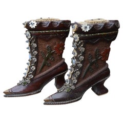 Pair Of Folk Art Carved Wooden Women's Shoes, ca 1900