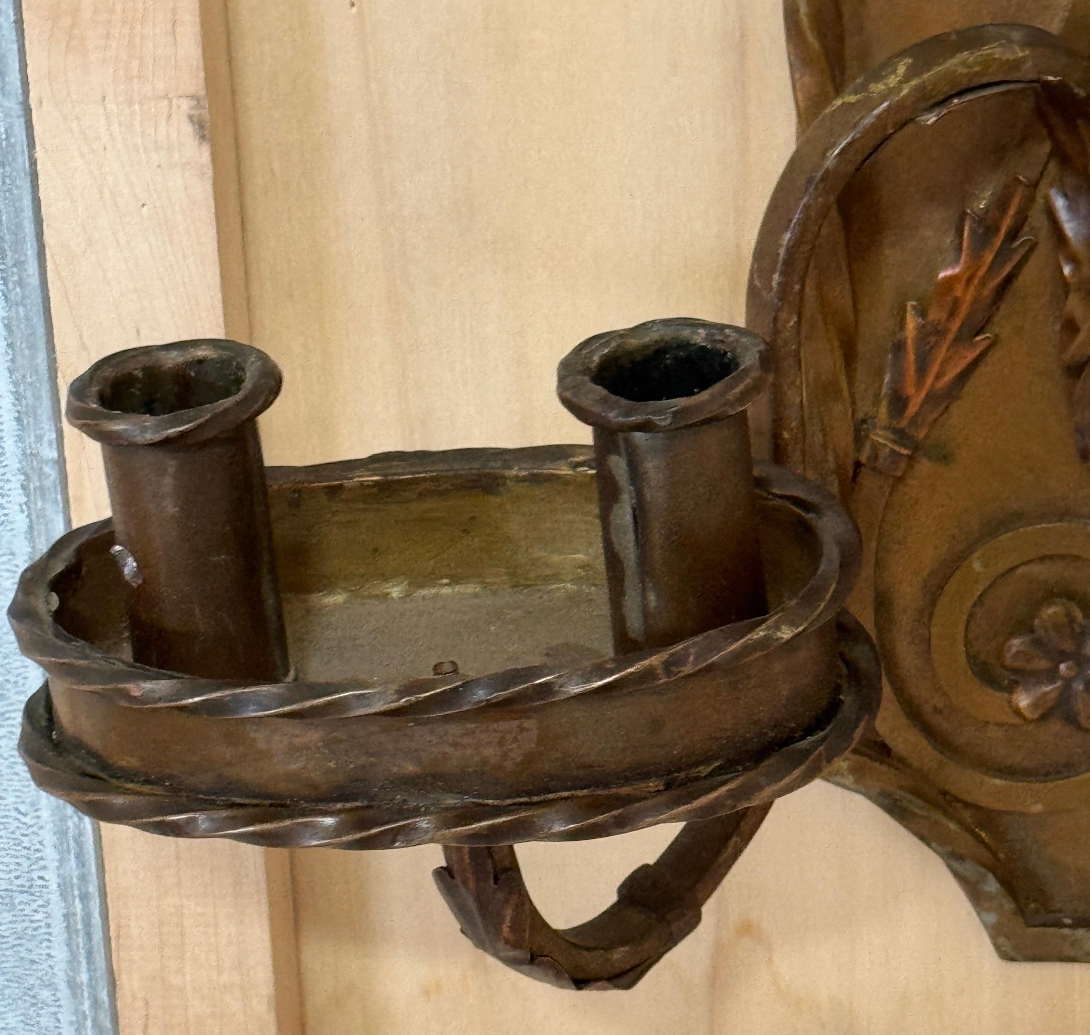 Pair of Folk Art  Engraved & Applied Style Four Light Copper Candle Sconces For Sale 4