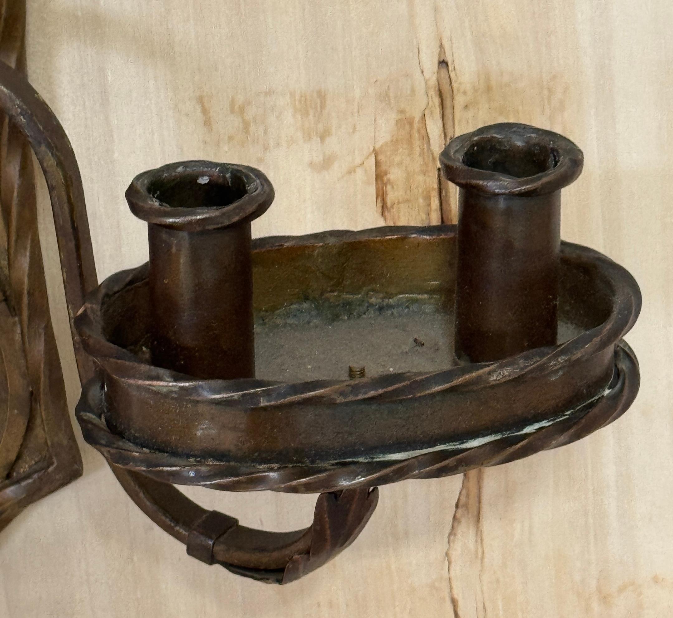 Pair of Folk Art  Engraved & Applied Style Four Light Copper Candle Sconces For Sale 5