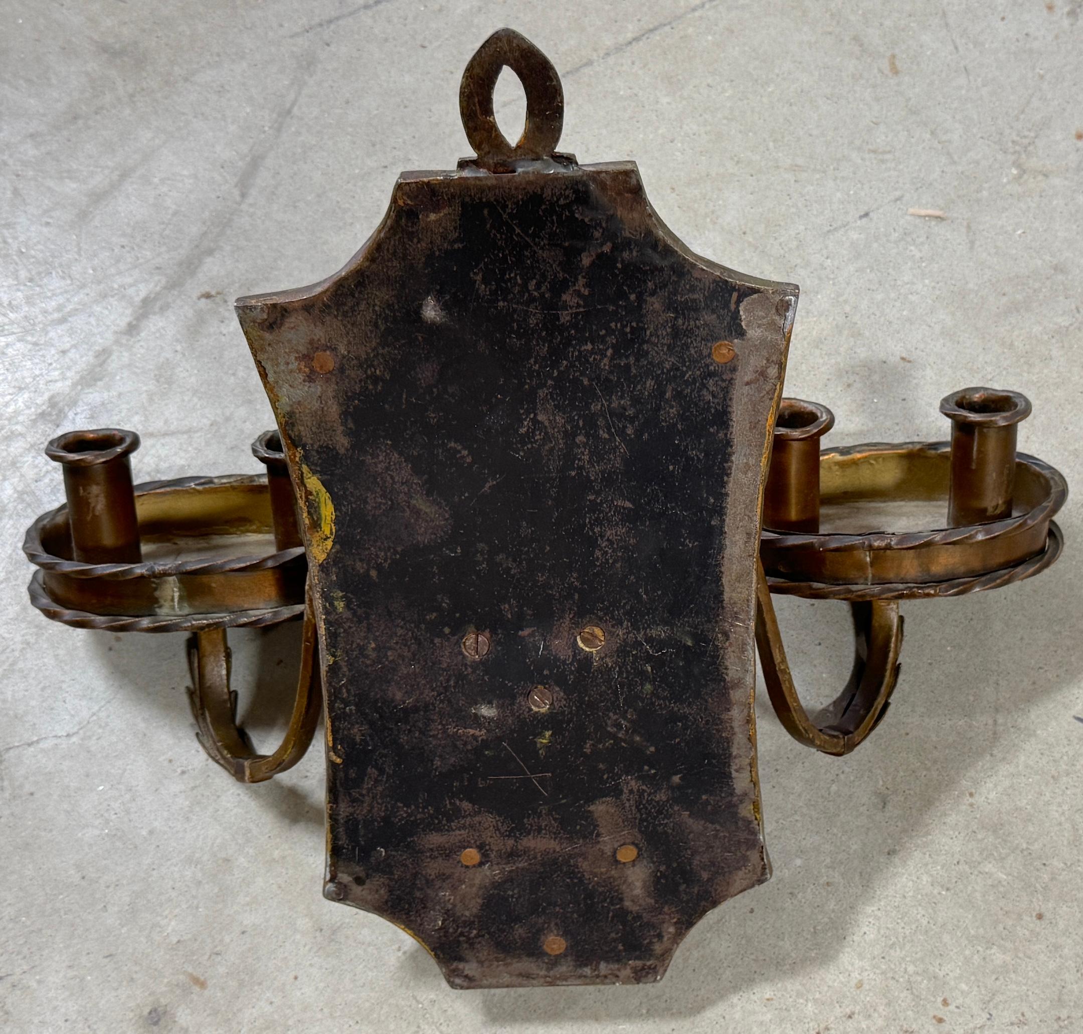 Pair of Folk Art  Engraved & Applied Style Four Light Copper Candle Sconces For Sale 6