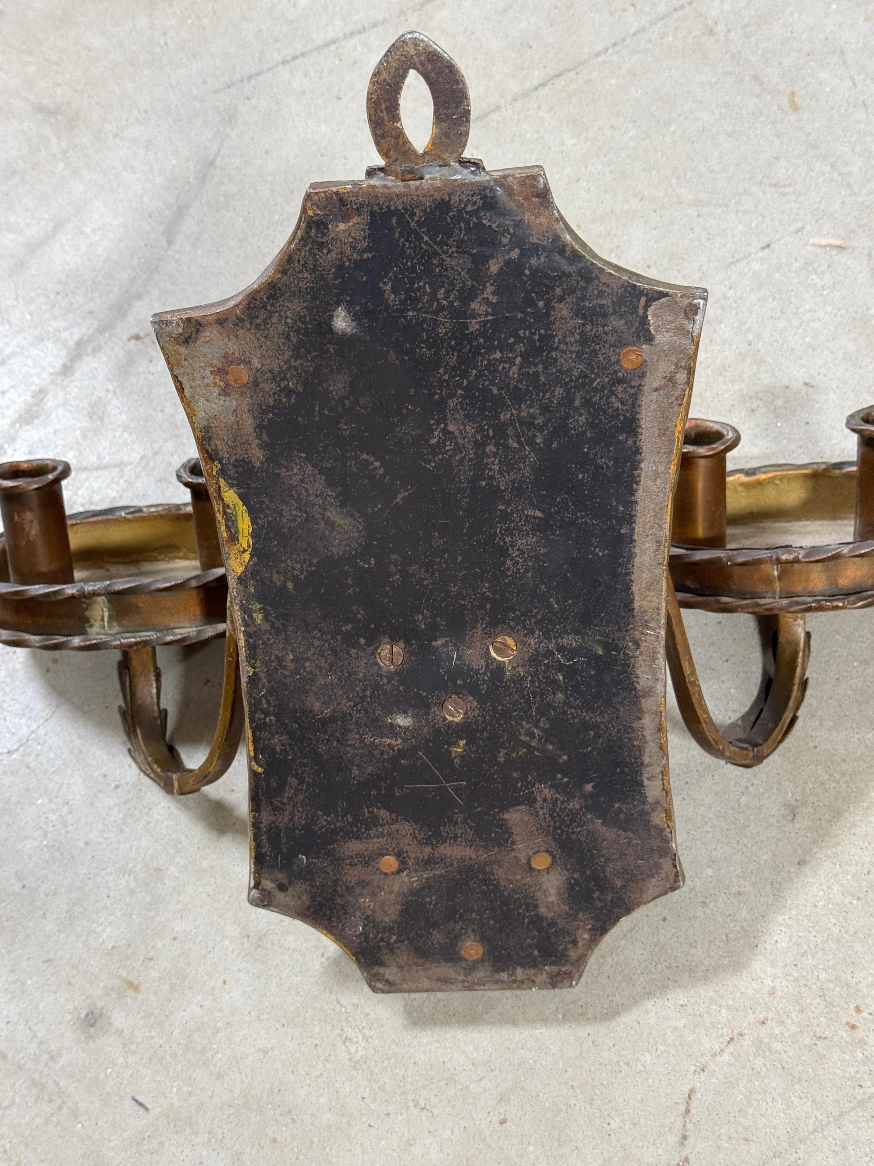 Pair of Folk Art  Engraved & Applied Style Four Light Copper Candle Sconces For Sale 7