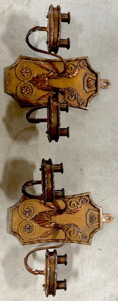 Pair of Folk Art  Engraved & Applied Style Four Light Copper Candle Sconces