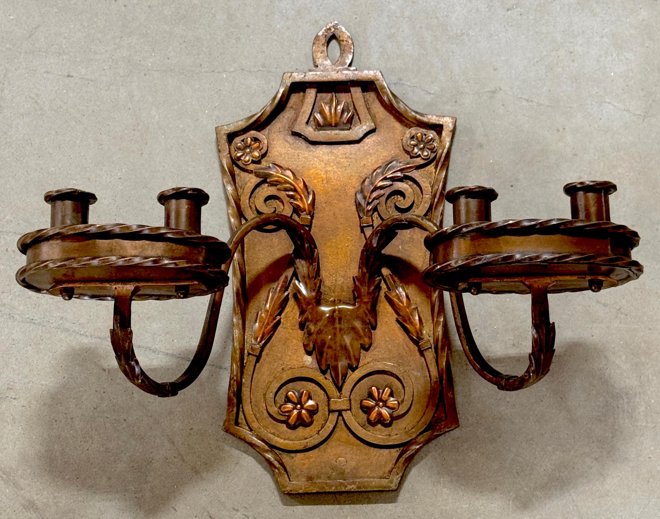 Forged Pair of Folk Art  Engraved & Applied Style Four Light Copper Candle Sconces For Sale