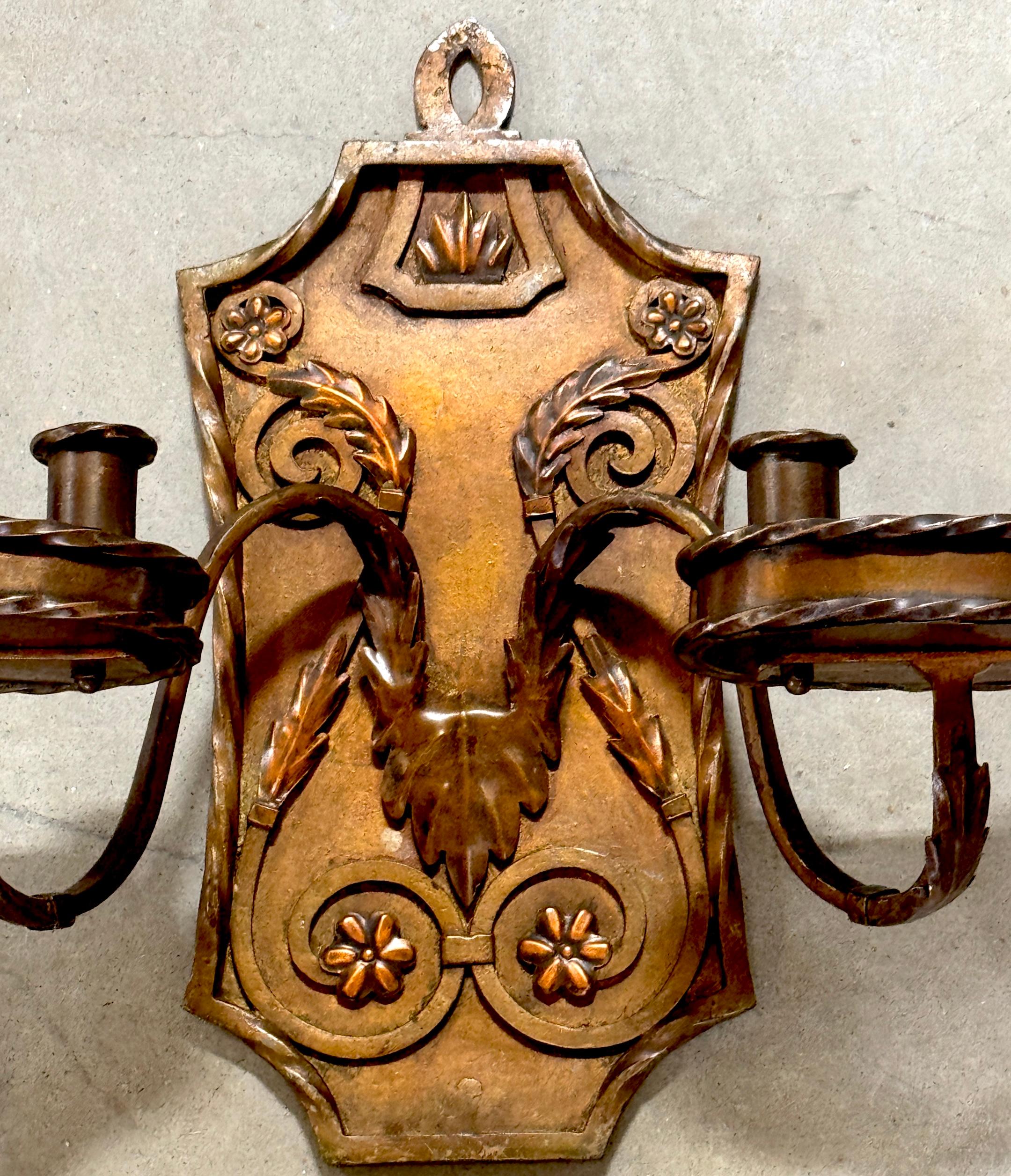 Pair of Folk Art  Engraved & Applied Style Four Light Copper Candle Sconces In Good Condition For Sale In West Palm Beach, FL