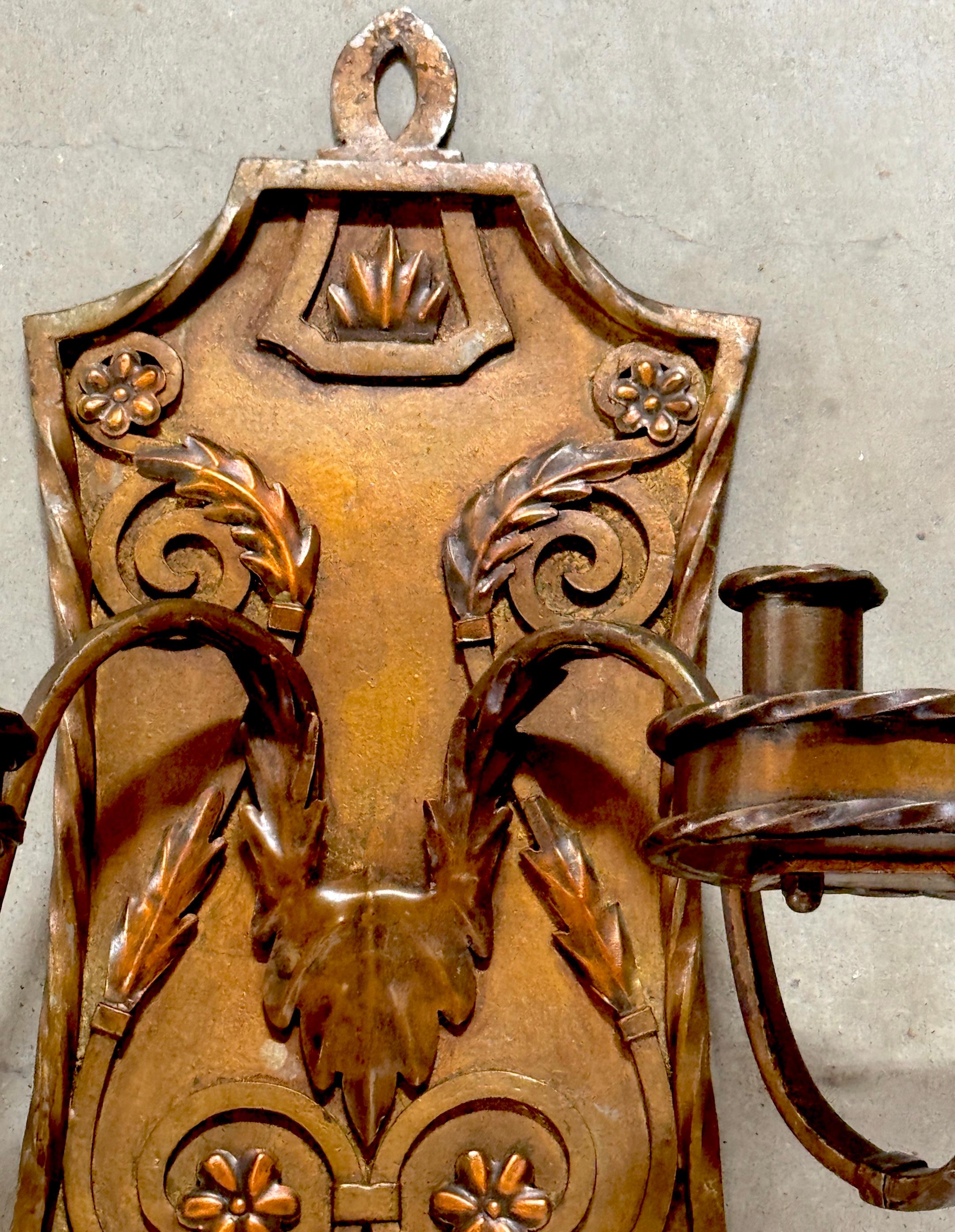 20th Century Pair of Folk Art  Engraved & Applied Style Four Light Copper Candle Sconces For Sale