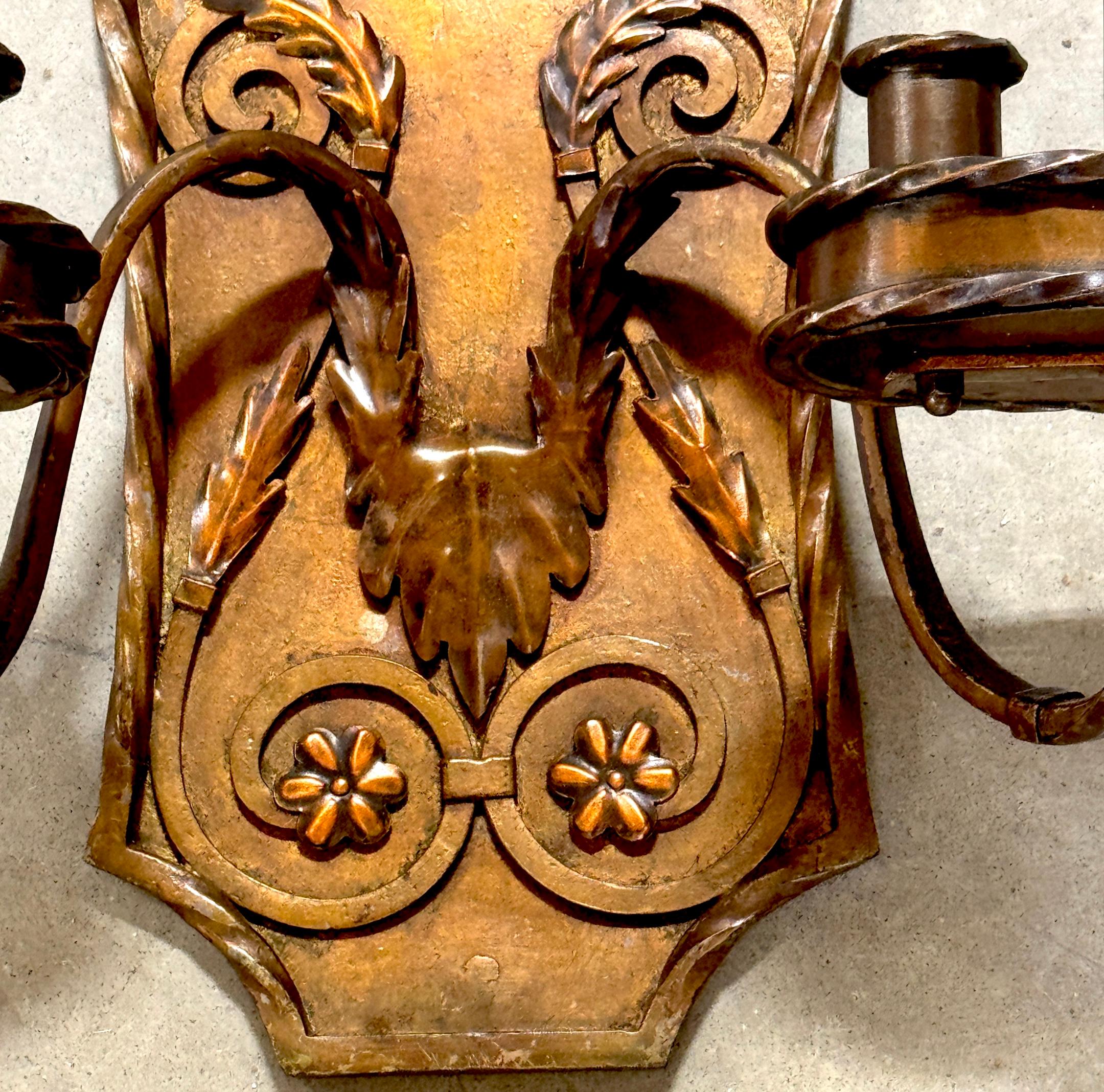 Pair of Folk Art  Engraved & Applied Style Four Light Copper Candle Sconces For Sale 1