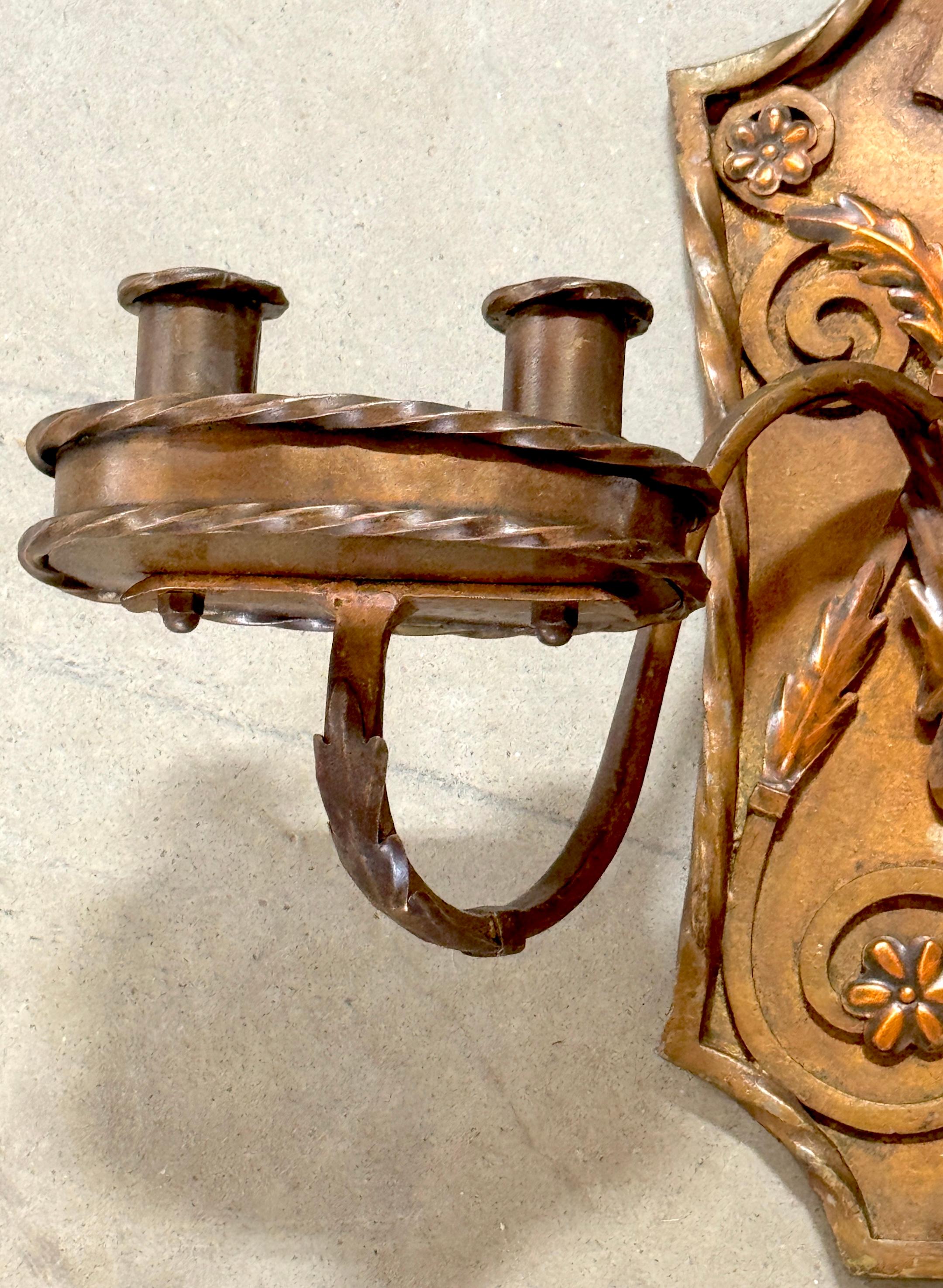 Pair of Folk Art  Engraved & Applied Style Four Light Copper Candle Sconces For Sale 2