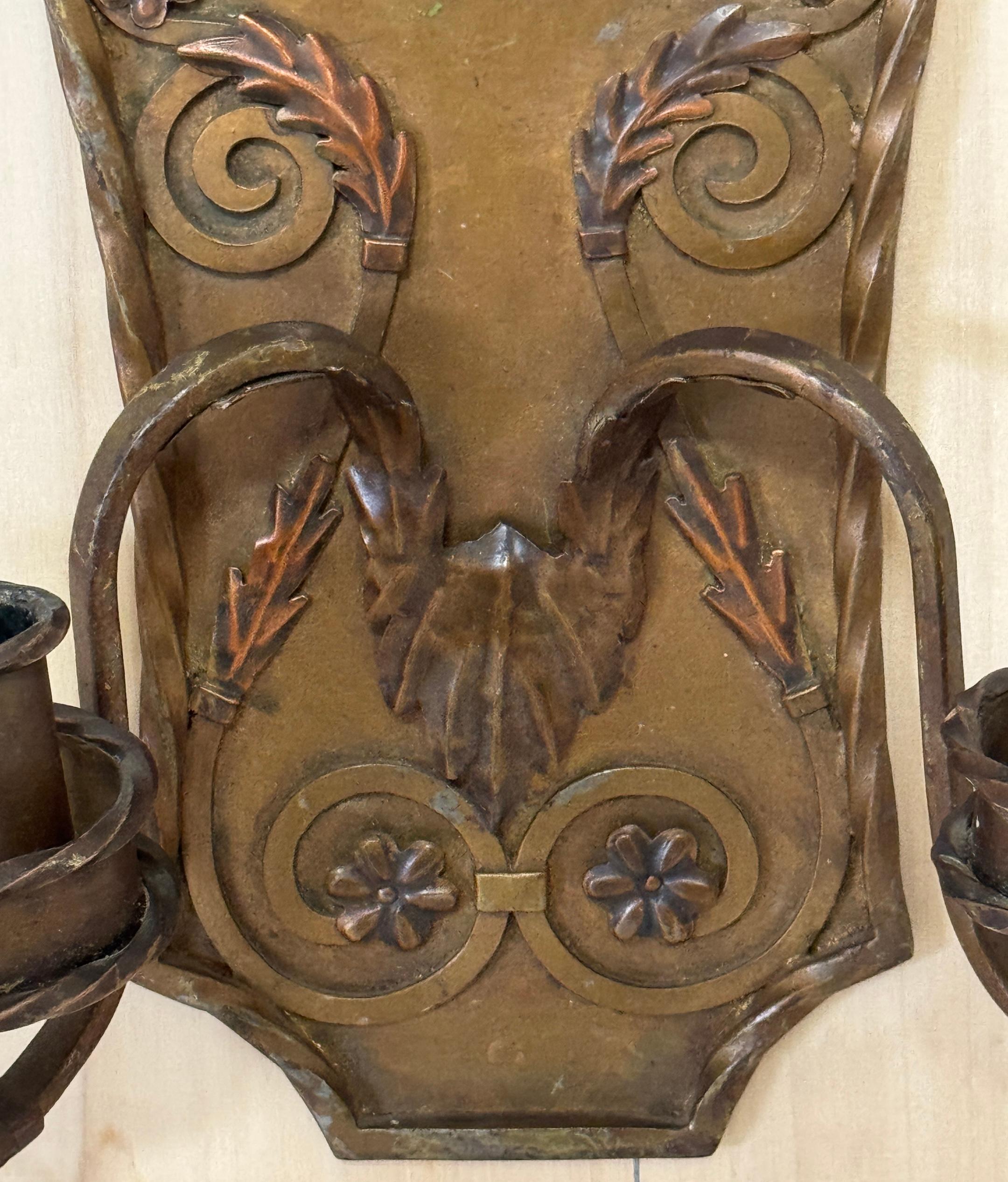 Pair of Folk Art  Engraved & Applied Style Four Light Copper Candle Sconces For Sale 3