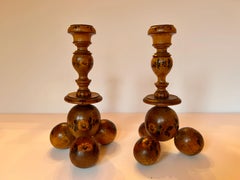 Pair of Folk Art Hand Painted Wood Candlesticks